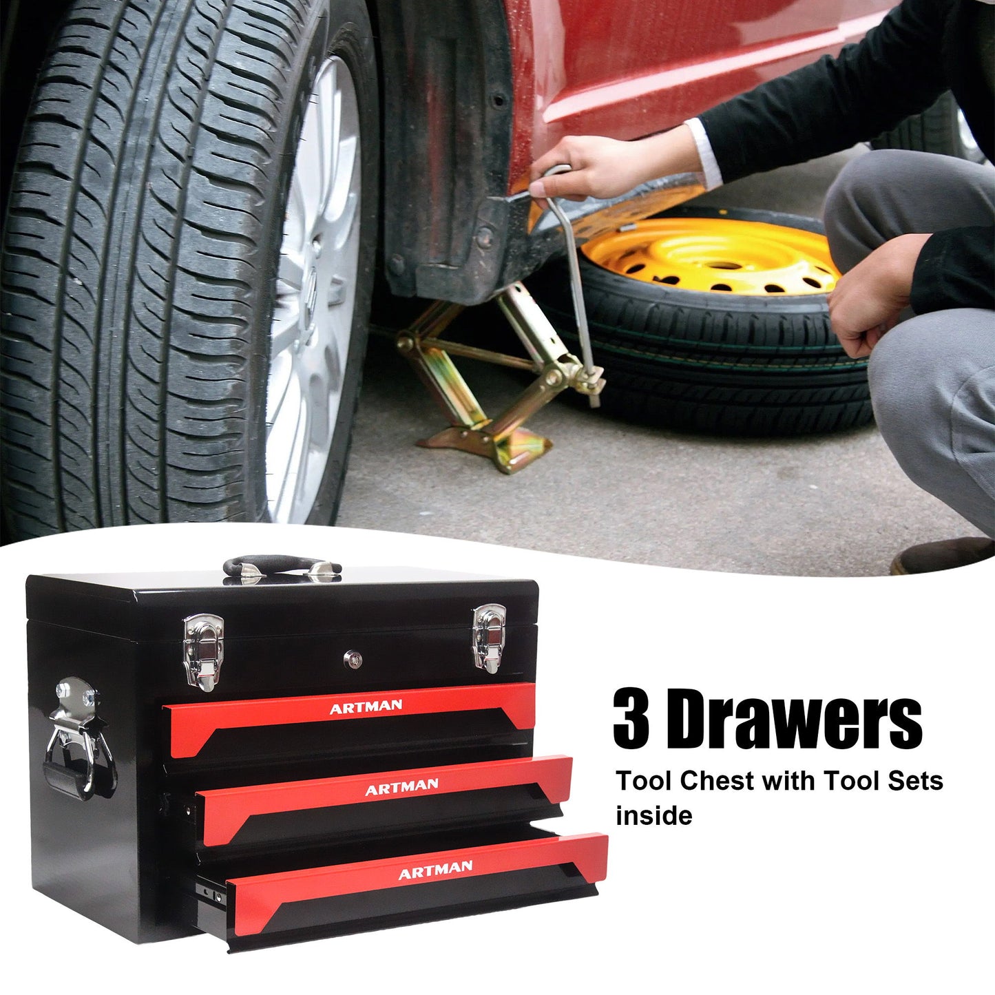 Portable 20" Steel Tool Box With 3 Drawers And Metal Latch Closure - Black / Red Daily Nest