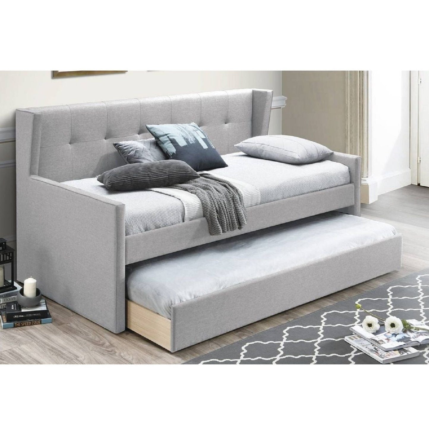 Daybed With Slat Trundle, Button Tufted - Light Gray Home Essentials