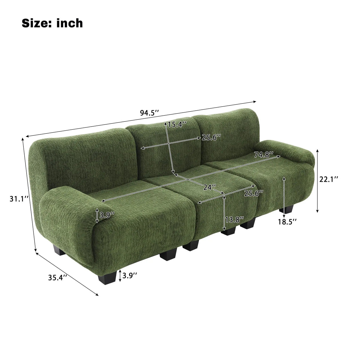 3 Seater Sofa Couch With Curved Armrests Noble House
