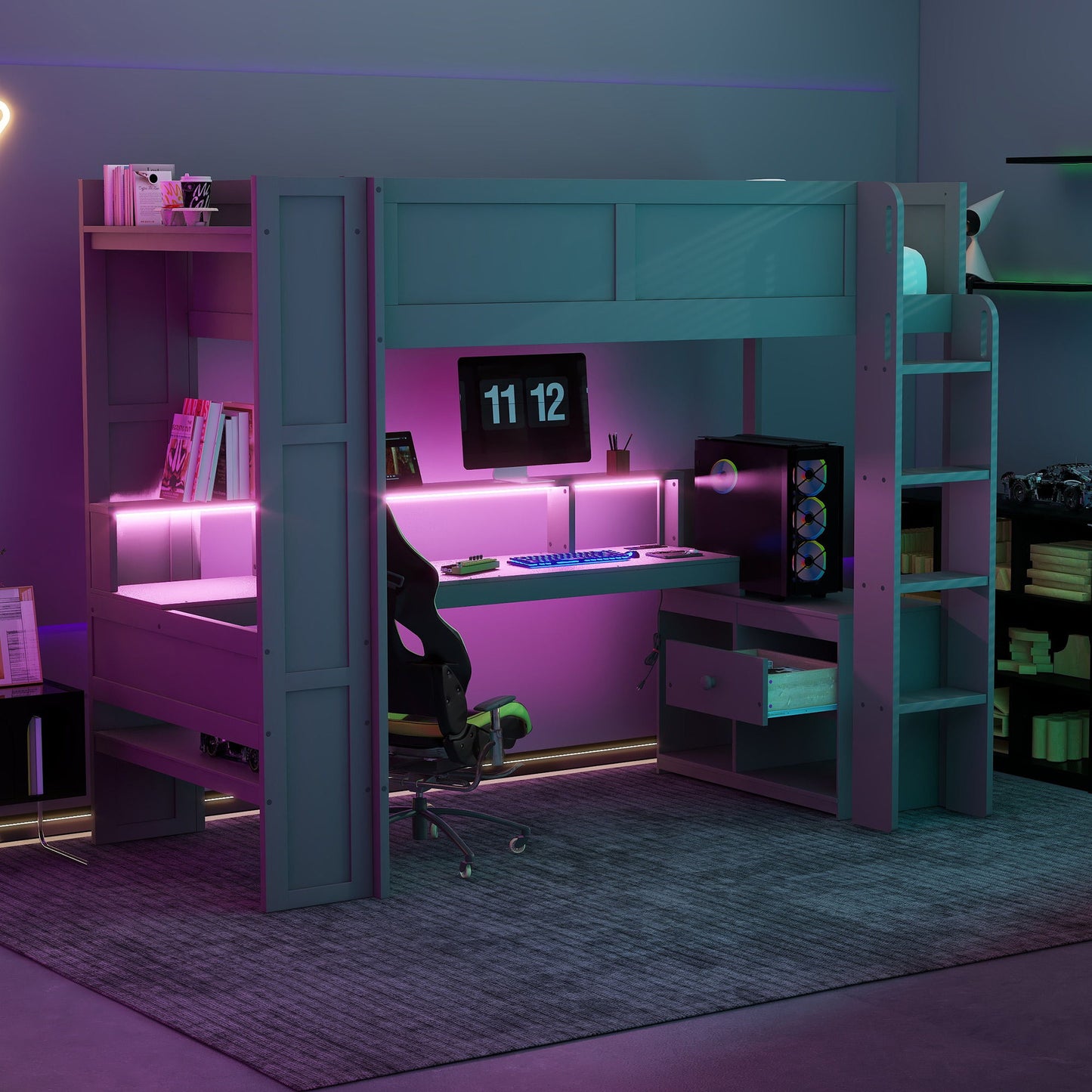 Gaming Loft Bed With Desk, Multi Storage Shelves, LED And Charging Station Hearth and Haven