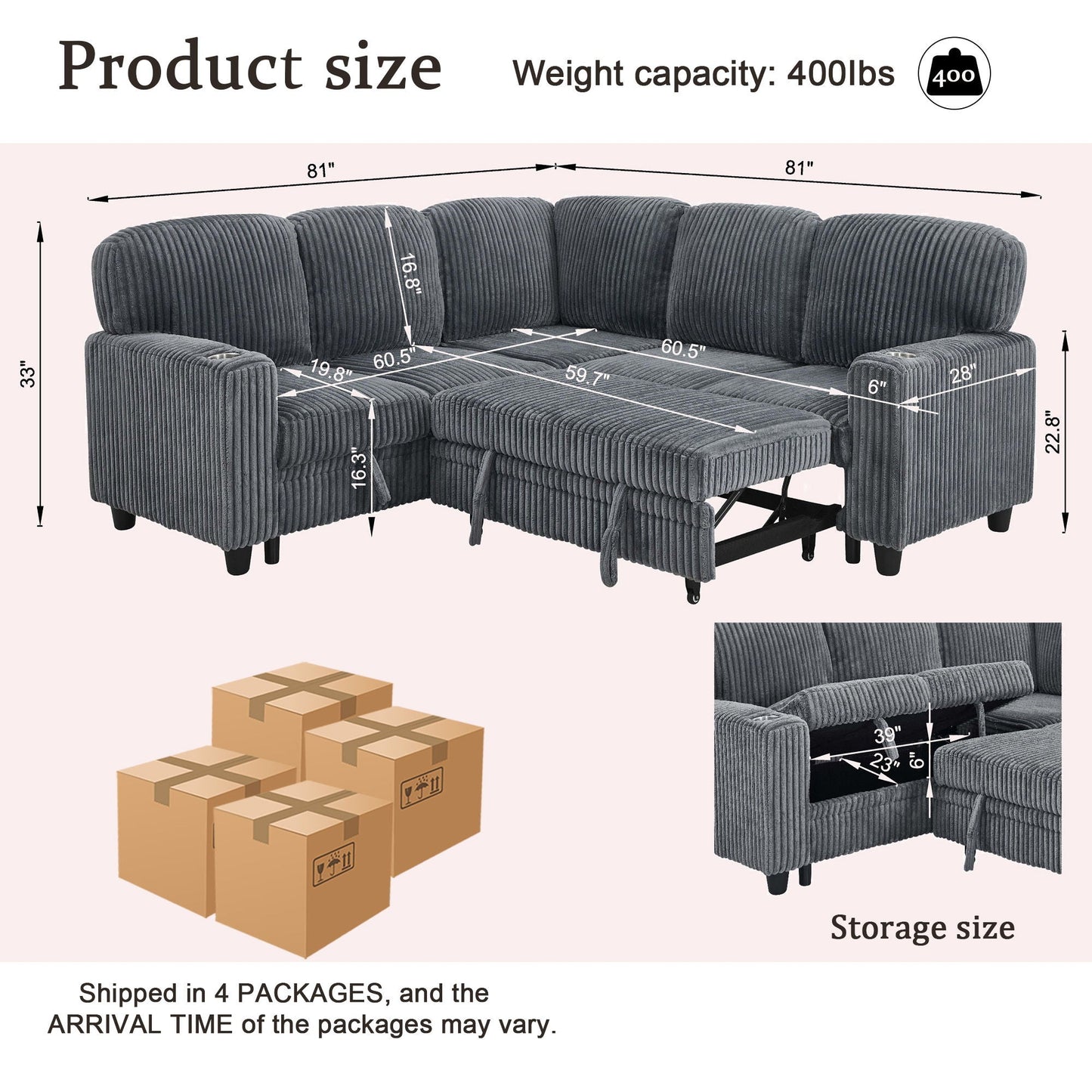 L-Shaped Sofa With Pull Out Sofa Bed With USB Home Essentials