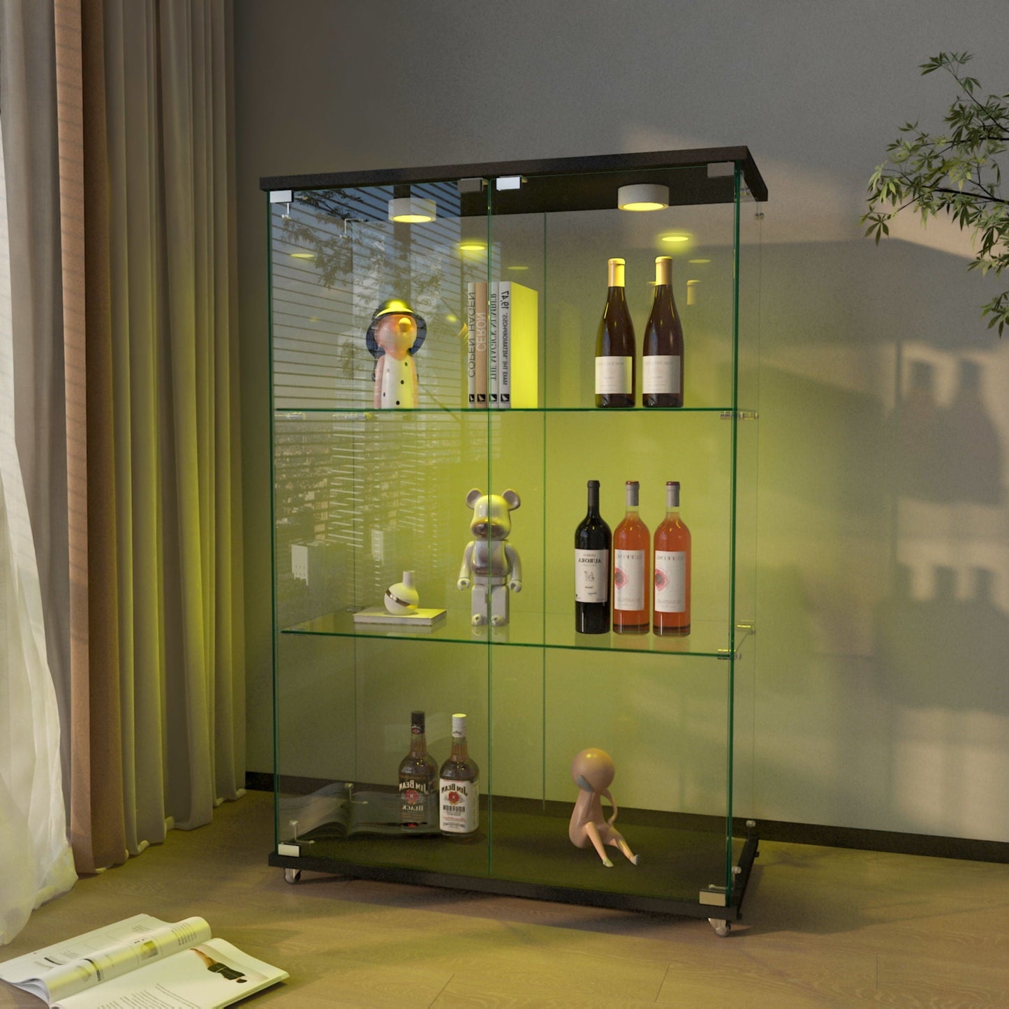 Modern Display Cabinet With LED Lights, Transparent Tempered Glass 2 Door Storage Case With 3 Shelves Home Essentials