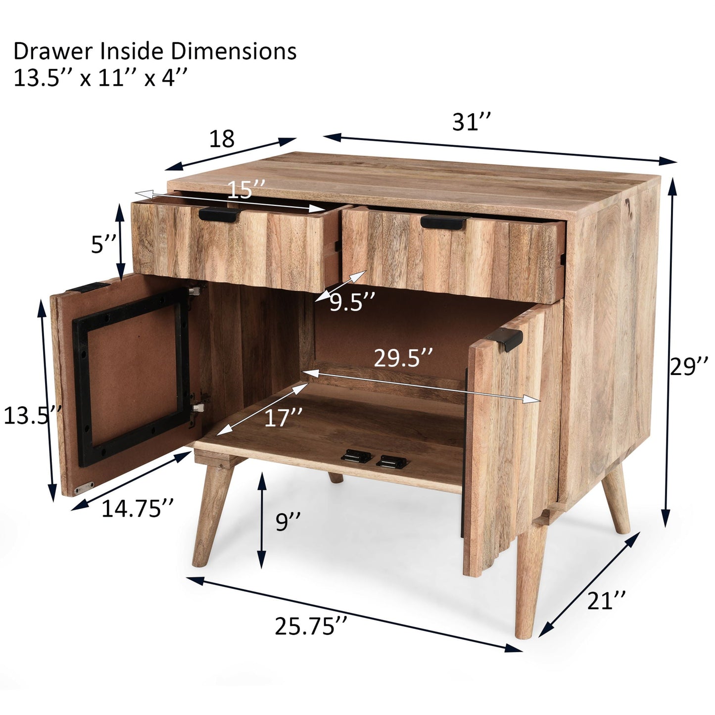 Stylish Style 2 Drawer 2 Door Cabinet, Mango Wood - Natural Noble House