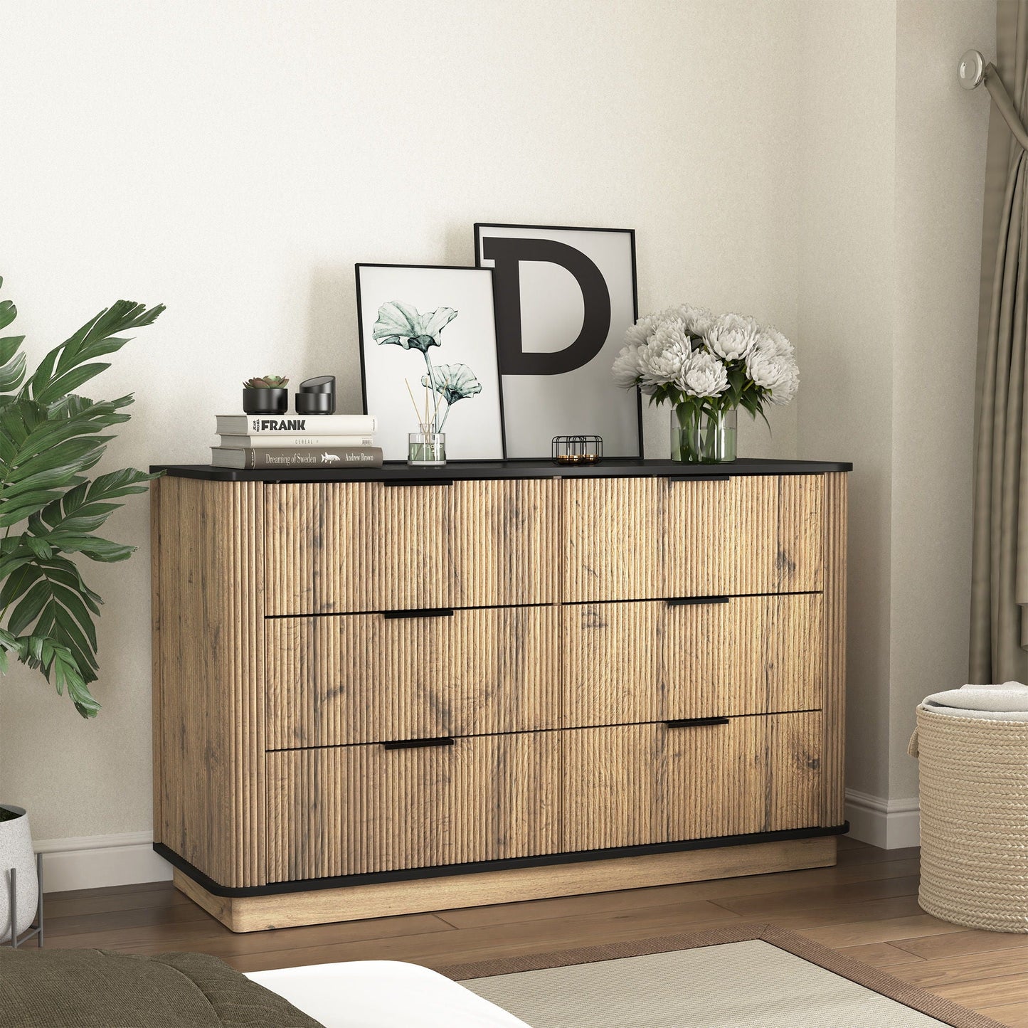 Modern 6 Drawer Cabinet With Metal Rounded Corners And Exquisite Handles Multi Functional Storage - Natural Wood Home Essentials