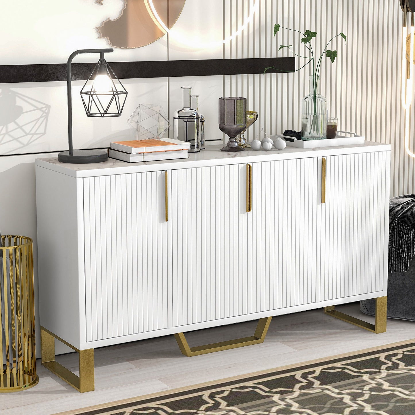 Modern Sideboard With Four Doors, Metal Handles & Legs And Adjustable Shelves Kitchen Cabinet Hearth and Haven