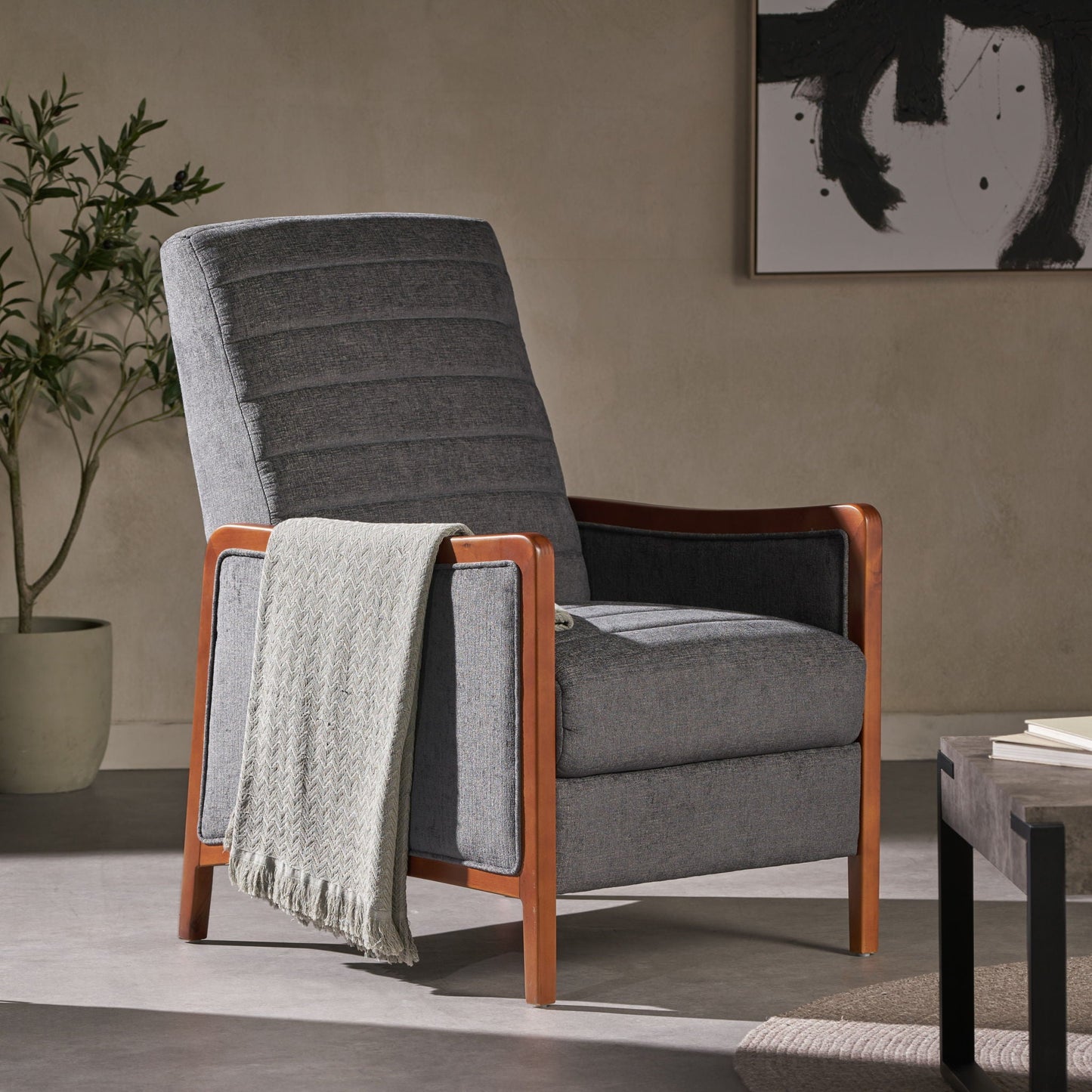 Mendota - Mid Century Modern Fabric Channel Stitch Wood Pushback Recliner - Gray Noble House