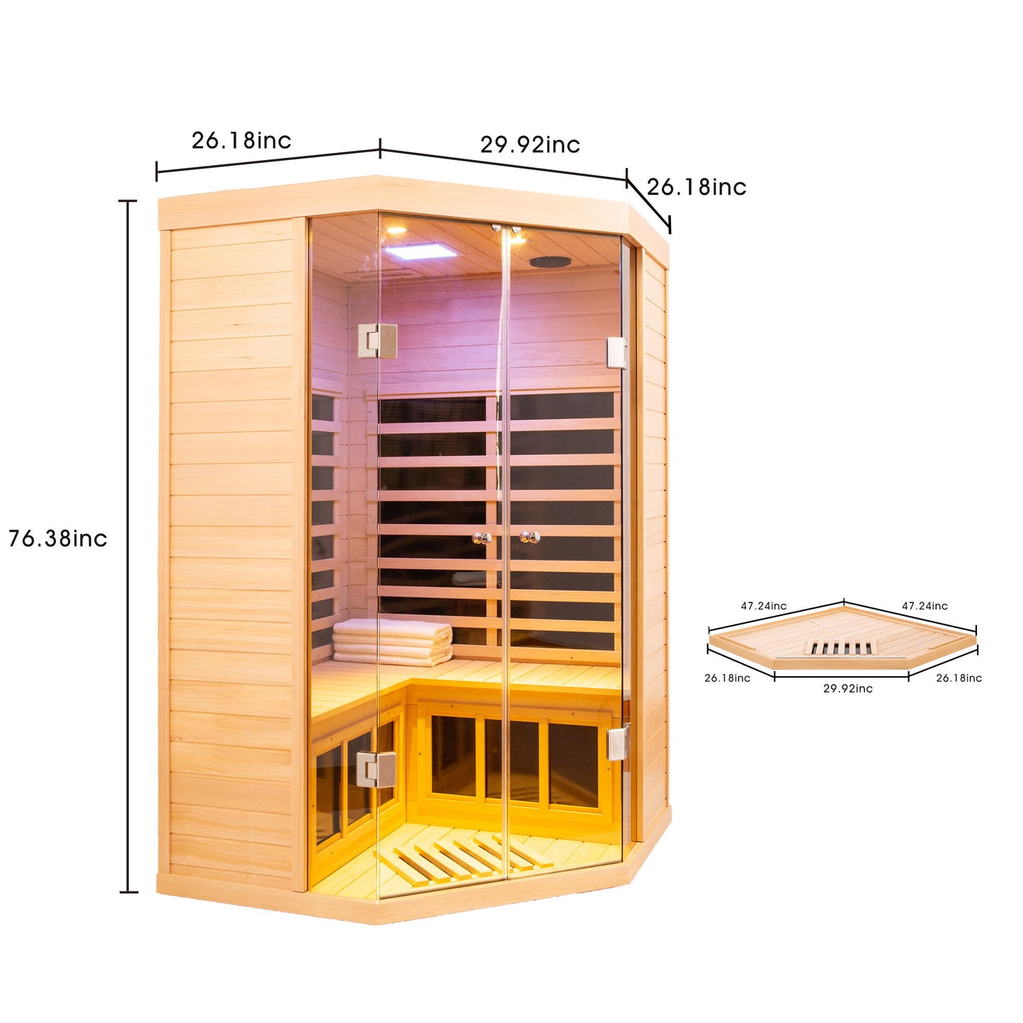 2 Persons Large Glass Front Deluxe Version Hemlock Far Infrared Corner Sauna Room - Natural Daily Nest