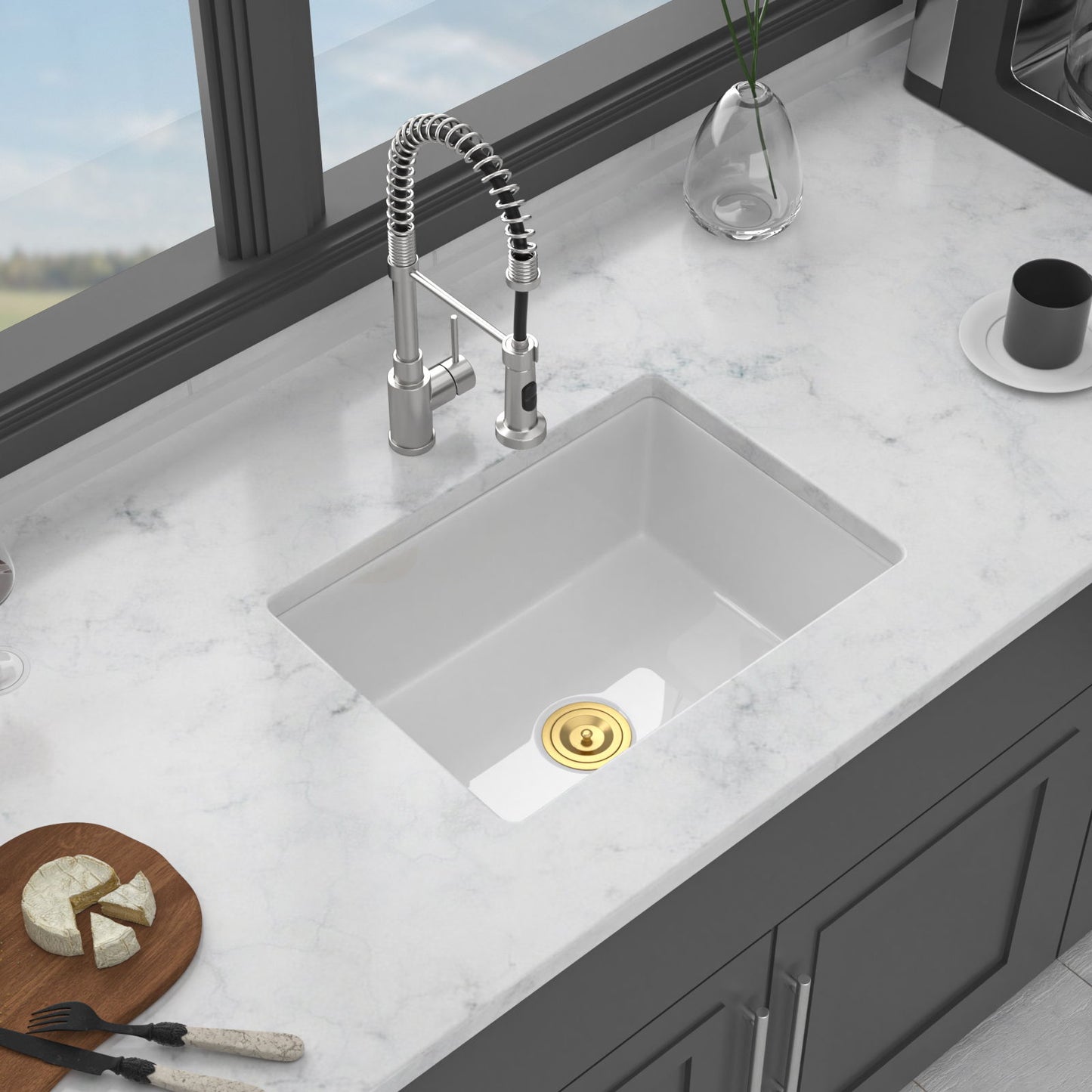 Rectangular Deep Single Bowl Kitchen Sink, Undermount Top Mount Porcela Stainless Steel Grid - White Daily Nest