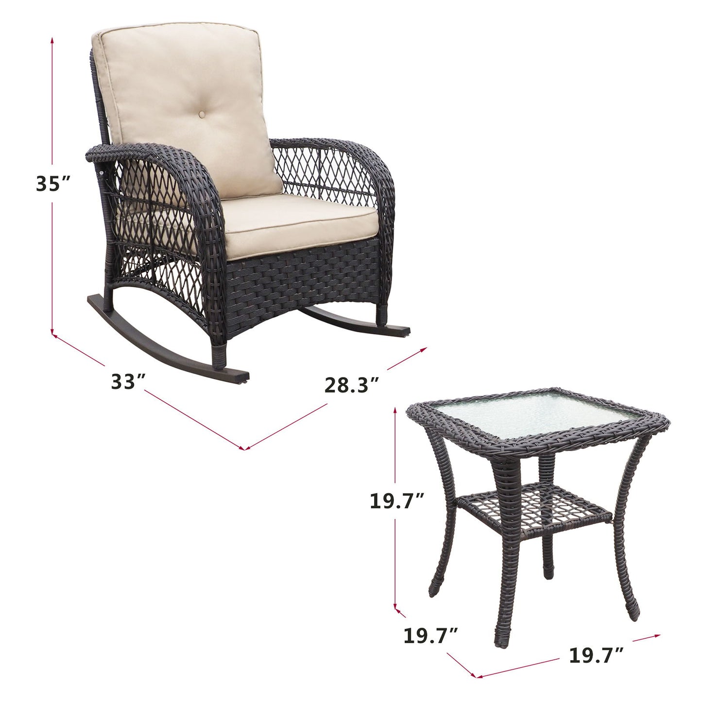 3 Pieces Conversation Set, Outdoor Wicker Rocker Patio Bistro Set, Rocking Chair With Glass Top Side Table - Brown / Beige Home Essentials
