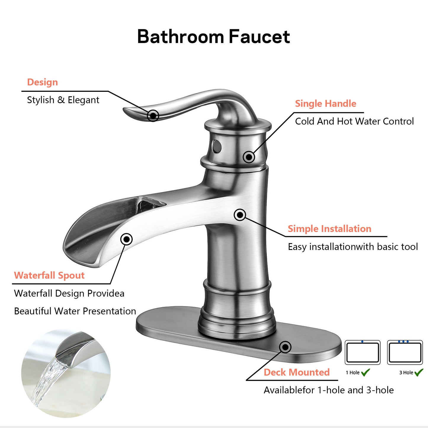 Waterfall Spout Bathroom Faucet With Single Handle And Pop Up Drain - Brushed Nickel Daily Nest