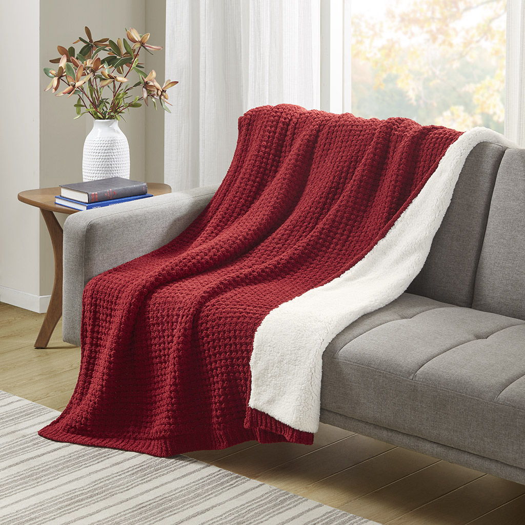 Rowan - Waffle Knit Chenille Throw - Red Madison Park
