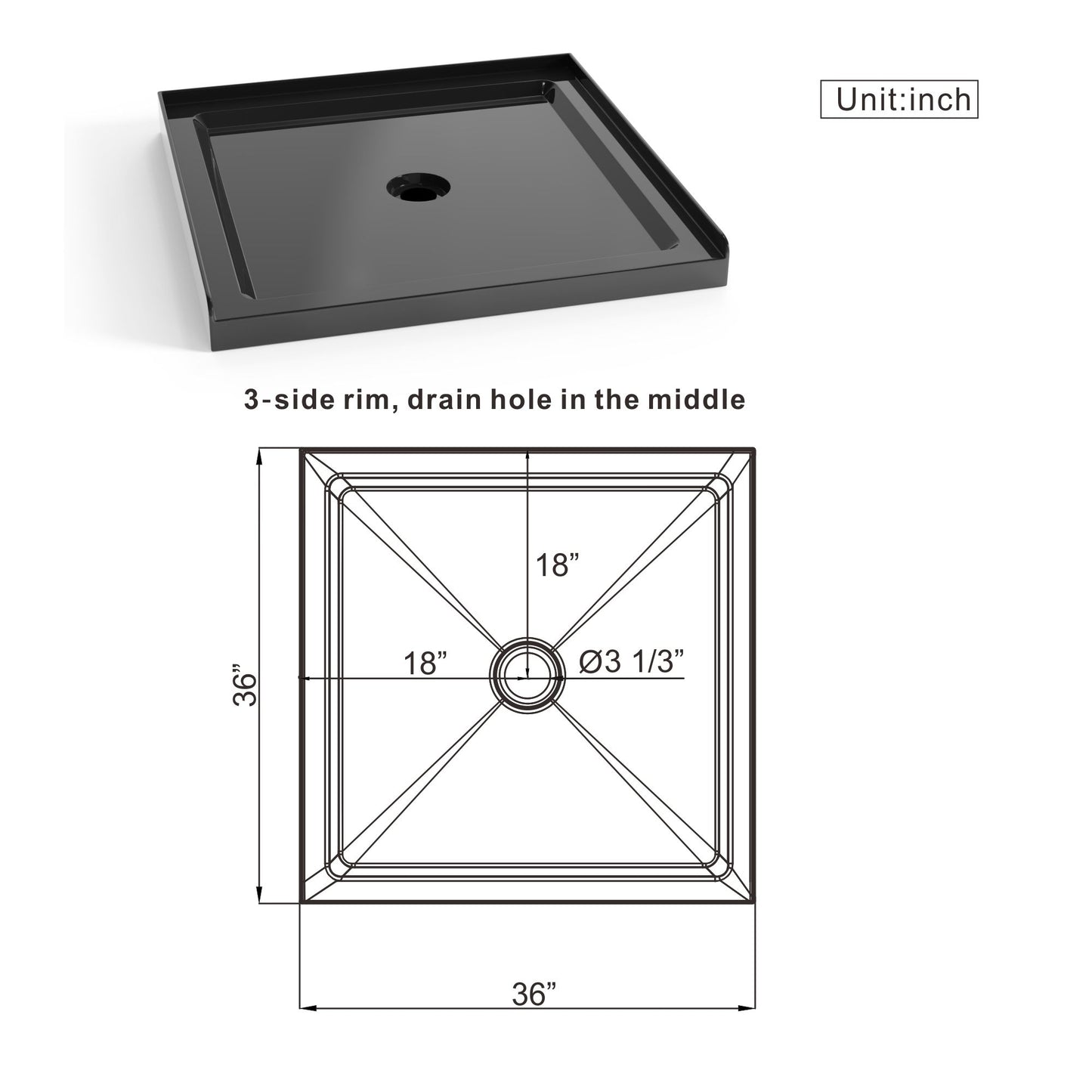 Shower Base, Anti Slip Center Drain Single Threshold - Black Daily Nest