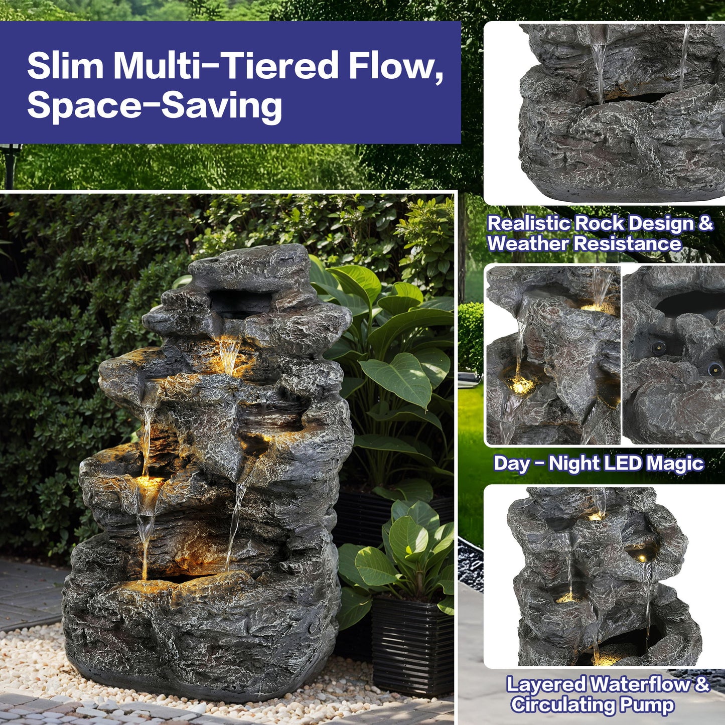 Concrete Rock Waterfall Fountain With LED Lights, Outdoor Garden Decor Noble House
