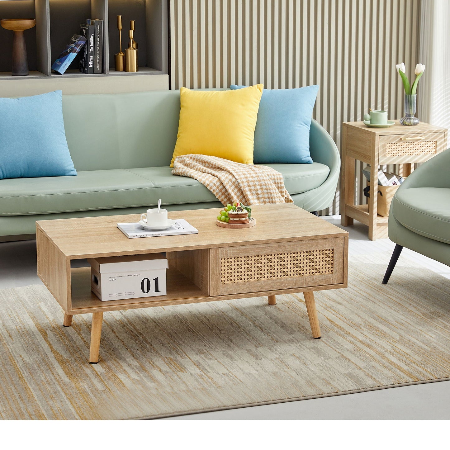41.34" Rattan Coffee Table, Sliding Door For Storage, Solid Wood Legs, Modern Table For Living Room Home Essentials
