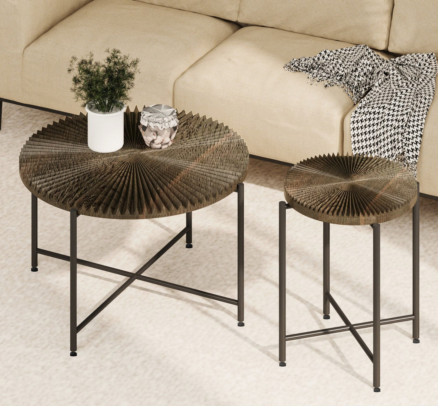 Radial - Pattern Coffee And End Table Set Waterproof Cover, Distressed Cylindrical Design (Set of 2) US Pride
