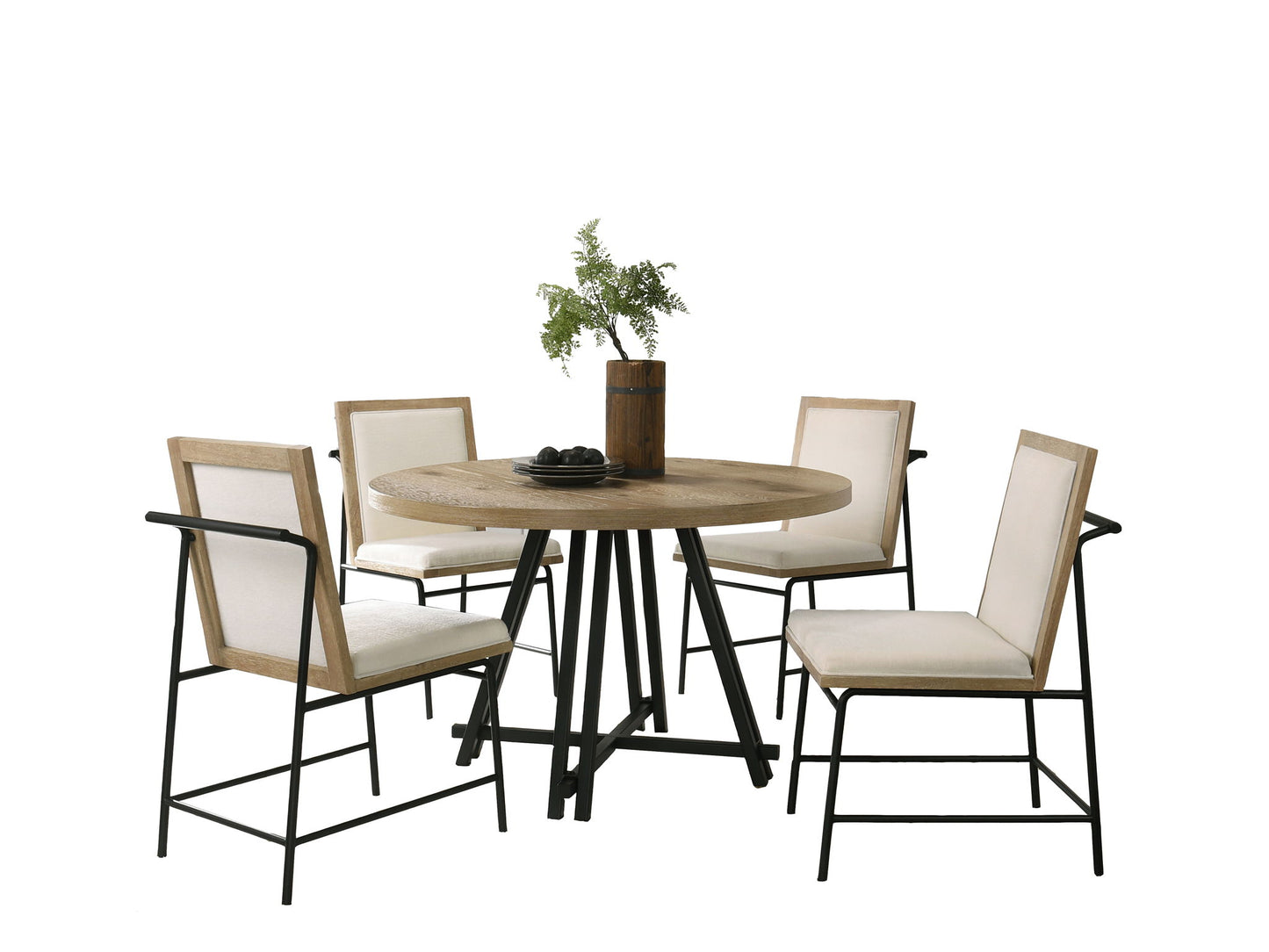 Tate - Round Dining Table With Cream Color Upholstered Chairs (Set of 5) - Oak Finish Lilola Home