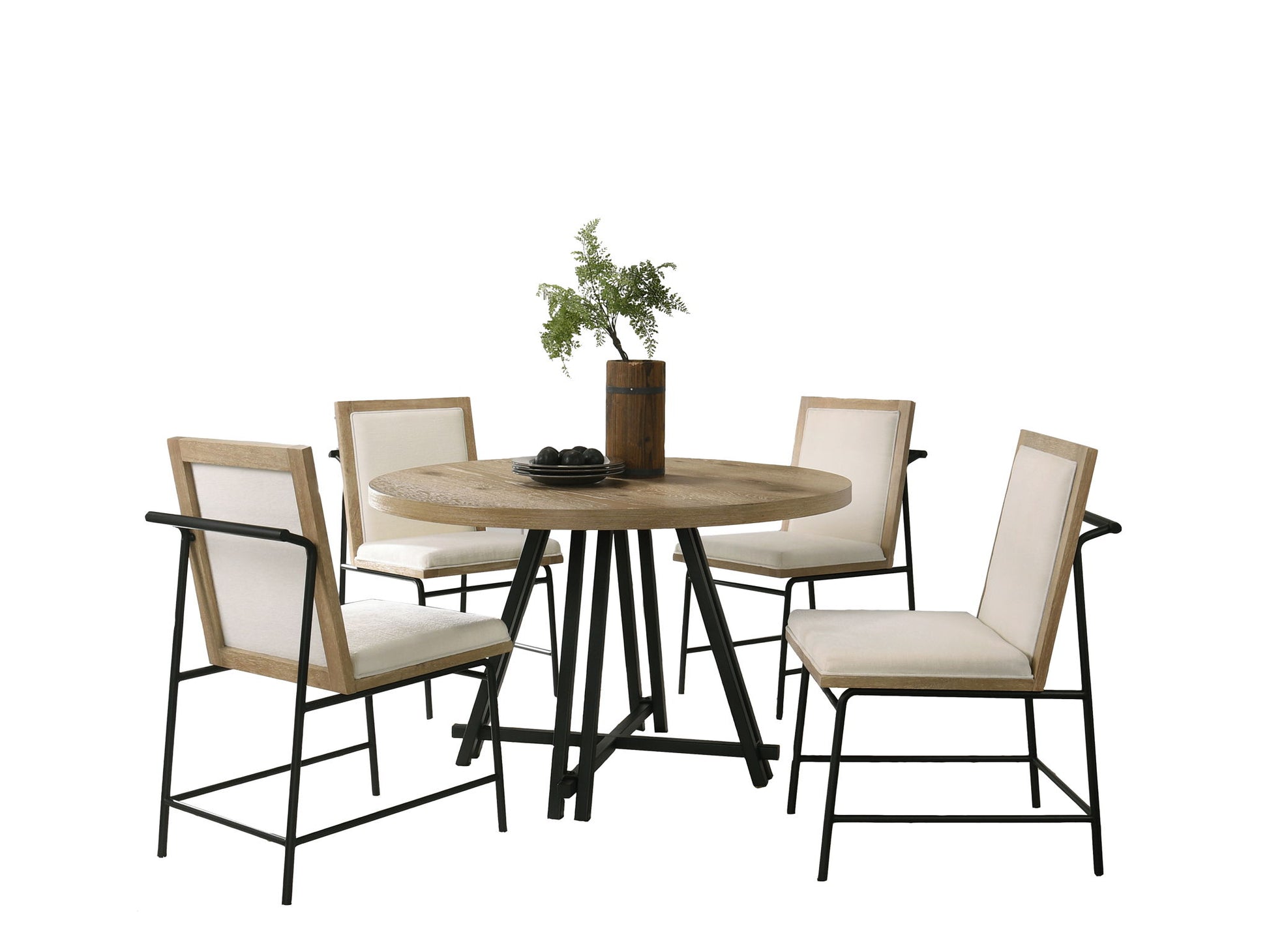 Tate - Round Dining Table With Cream Color Upholstered Chairs (Set of 5) - Oak Finish Lilola Home