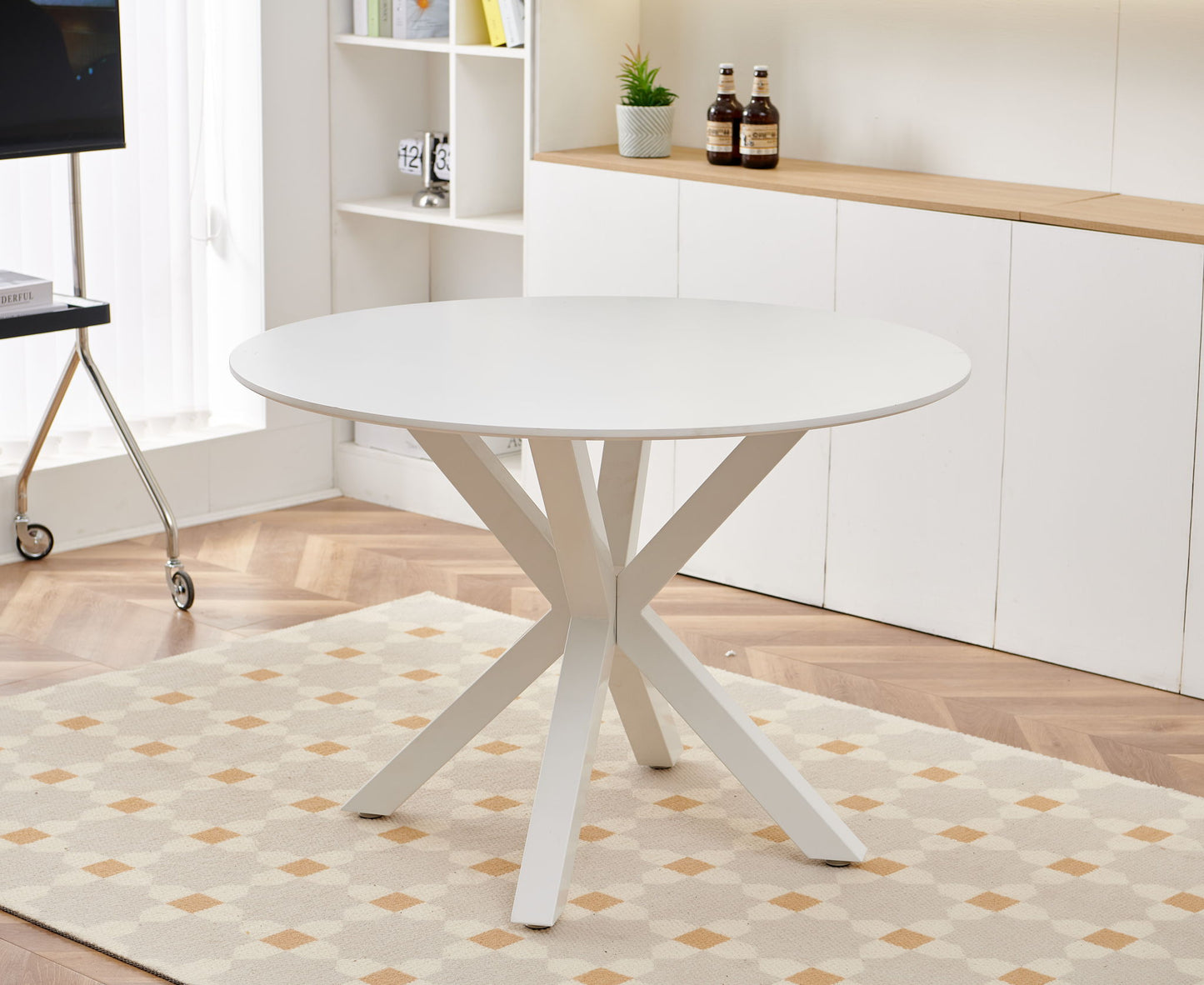 Table Mid-Century Dining Table For 4 - 6 People With Round MDF Table Top, Pedestal Dining Table, End Table Leisure Coffee Table, Cross Leg Home Essentials