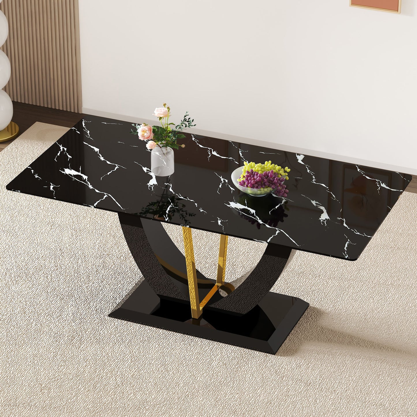 Modern Minimalist Luxurious Imitation Marble Dining Table Rectangular Office Desk With Tempered Glass - Black Home Essentials