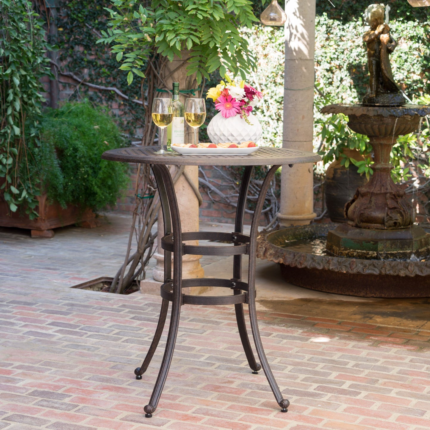Traditional Style Cast Aluminum Bar Table With Lattice Design And Umbrella Holder - Bronze Noble House