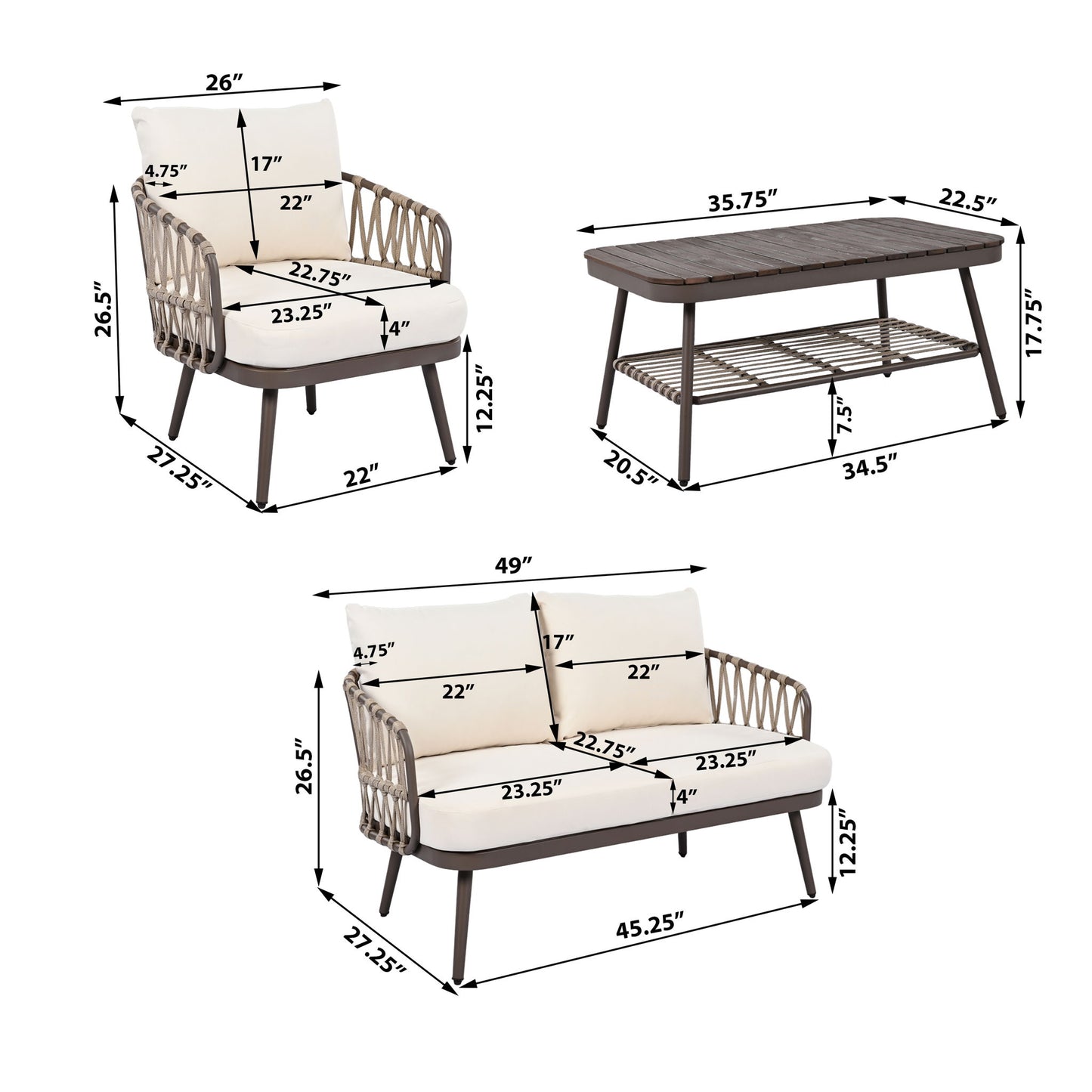4 Piece Outdoor Patio Furniture Set, Metal Chairs With Woven Rope U Shaped Backrest Noble House