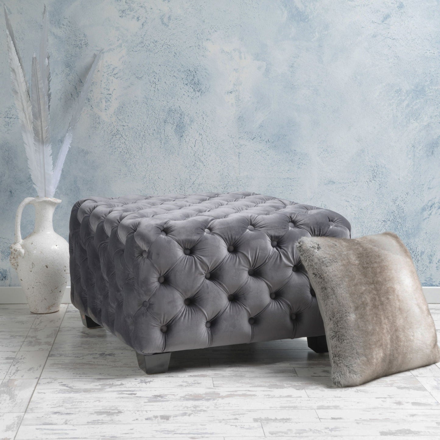 Modern Glam Ottoman With Velvet Upholstery And Button Tufted Design Noble House