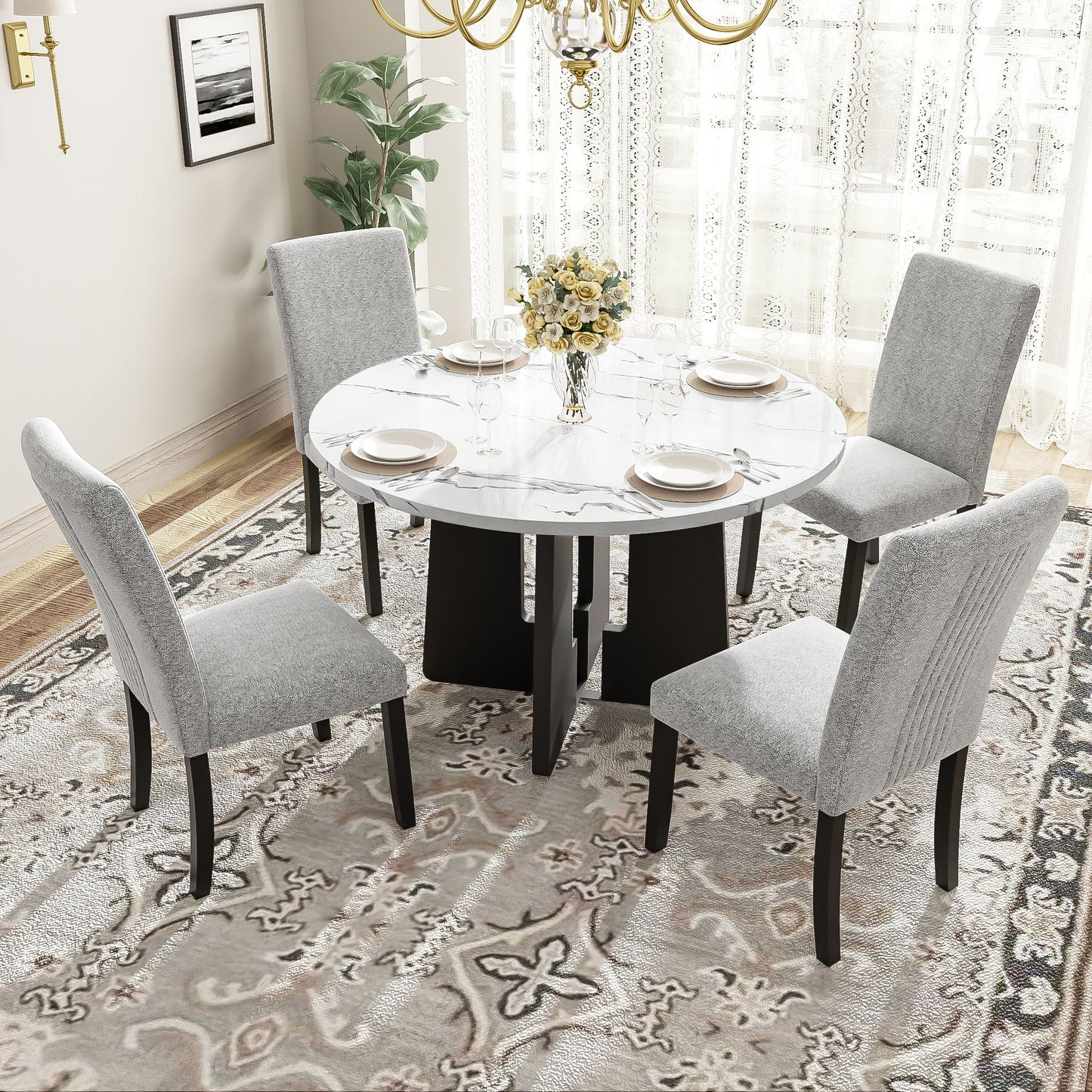 5 Piece Round Dining Table Set, Dining Table And 4 Upholstered Chairs For Dining Room, Kitchen Room, Living Room - White / Gray Hearth and Haven