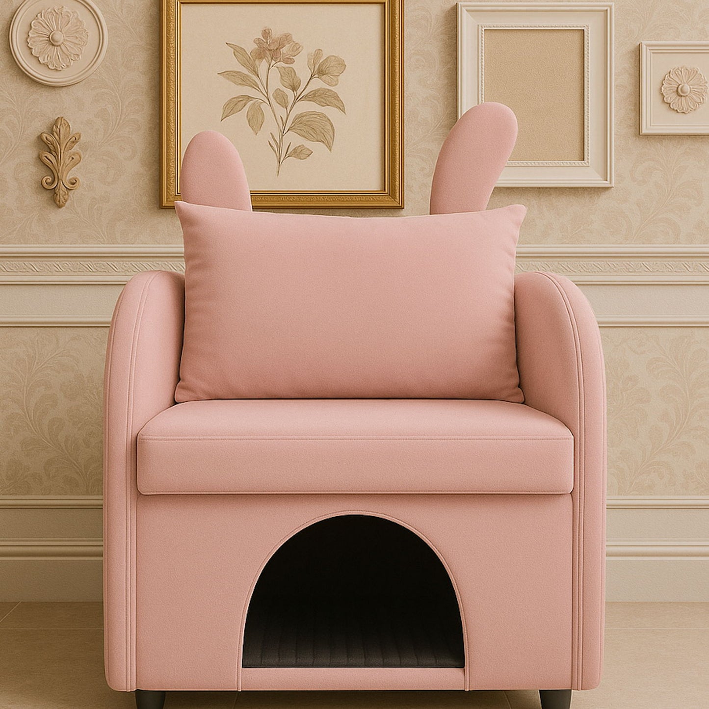 Bunny Ear Pet Friendly Armchair With Hidden Pet House With Storage Pocket For Bedroom & Living Room - Pink Home Essentials