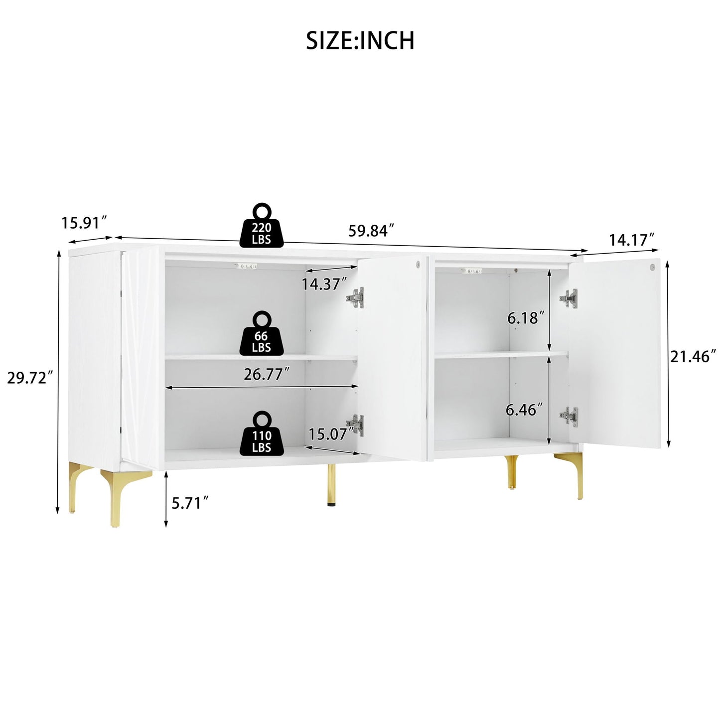 Modern 4 Door Sideboard With Creative Carved Surface And Adjustable Shelves Home Essentials