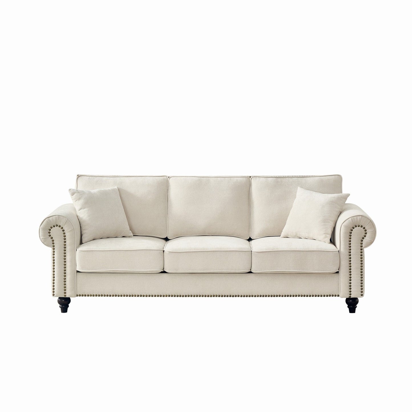 3 Seater Sofa With Tufted Upholstery, Rolled Arms, Nailhead Trim Home Essentials