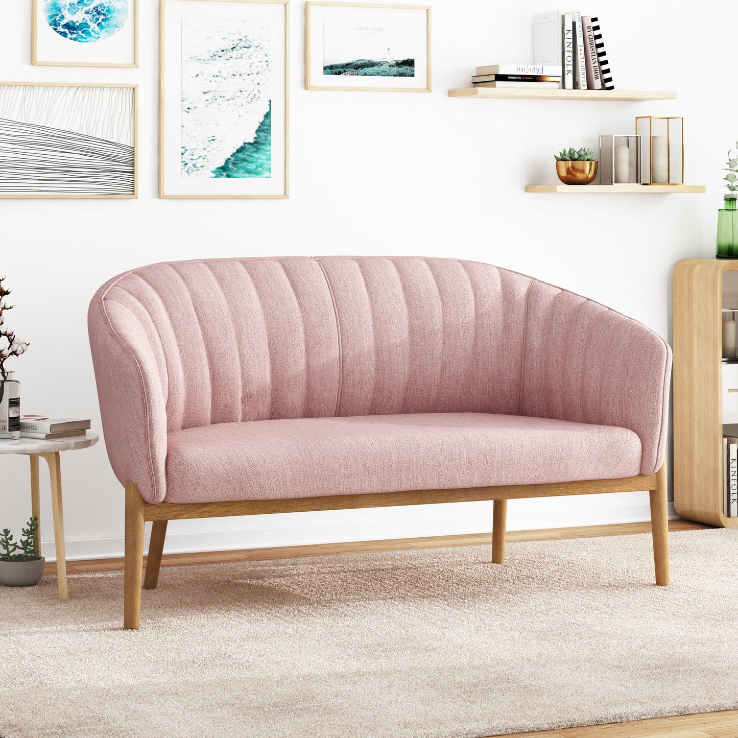 Mid Century Modern Loveseat With Channel Stitched Backrest Noble House