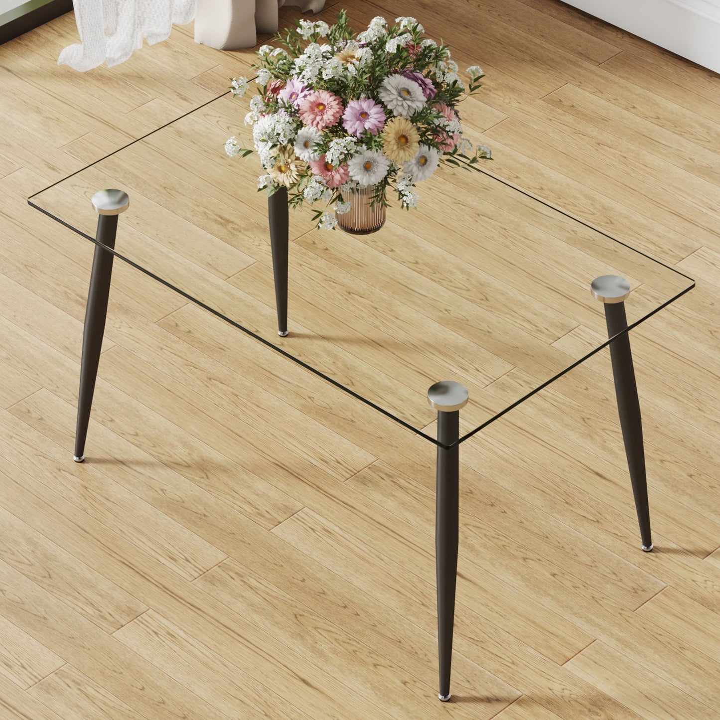 Modern Rectangular Glass Dining Table With Tempered Glass Top And Metal Legs For 4 - 6 People - Black / Transparent Home Essentials