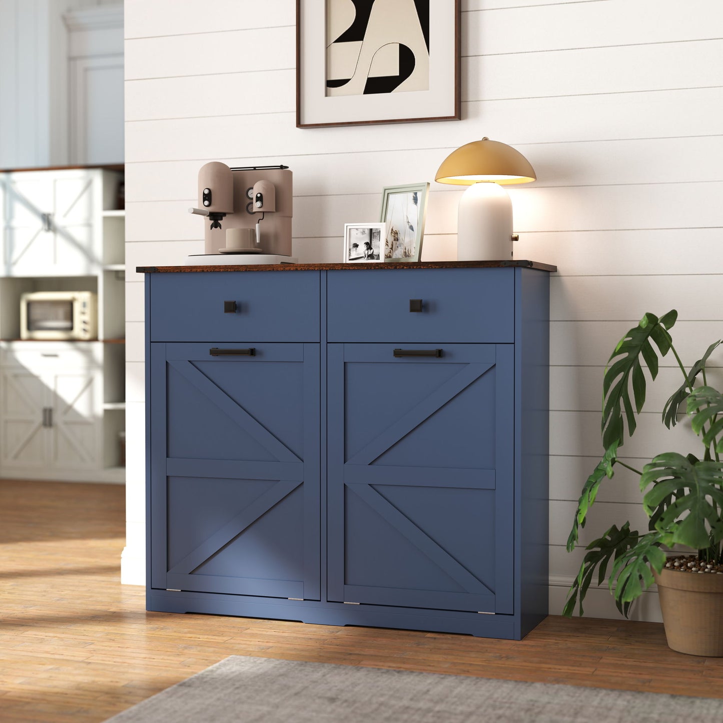 Double Tilt Out Trash Cabinet With Hideaway Drawer And Barn Door Style Home Essentials
