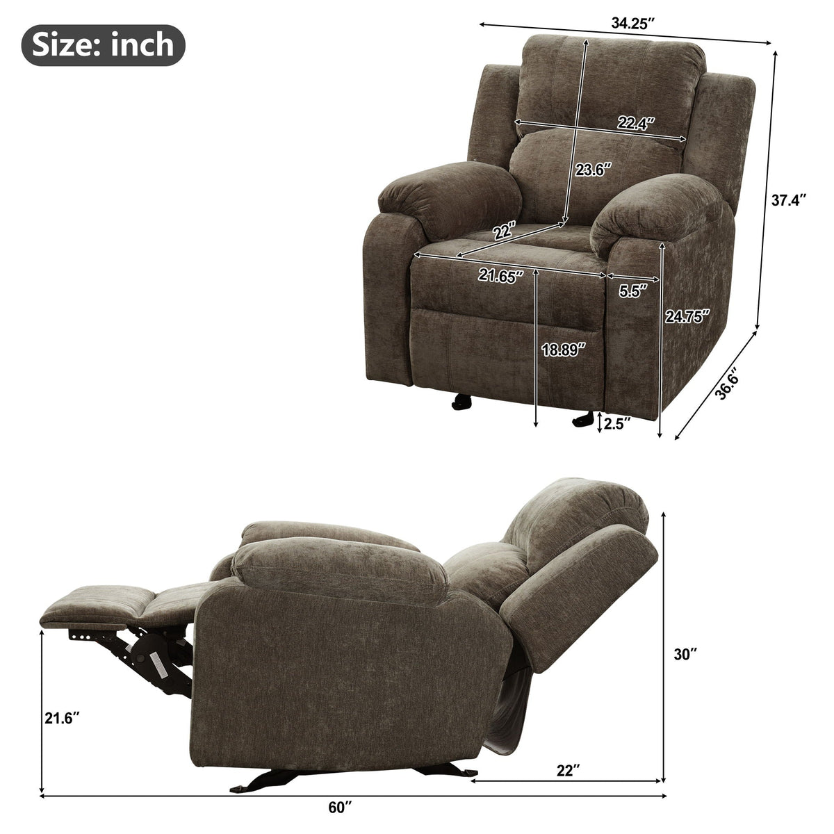 Upholstered Manual Recliner Chair With 3 Adjustable Backrest Positions Noble House