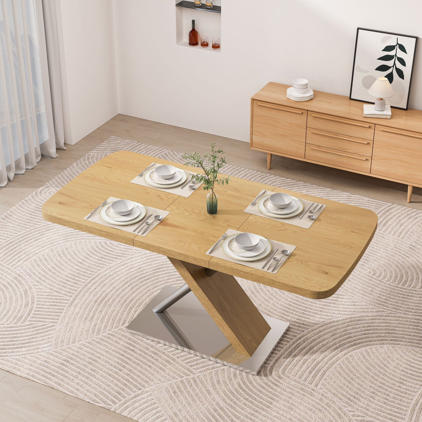 Retractable Square Dining Table, Seating 4 - 6 People, Cross Base With Stainless Steel Tubing, Expandable - Natural Home Essentials