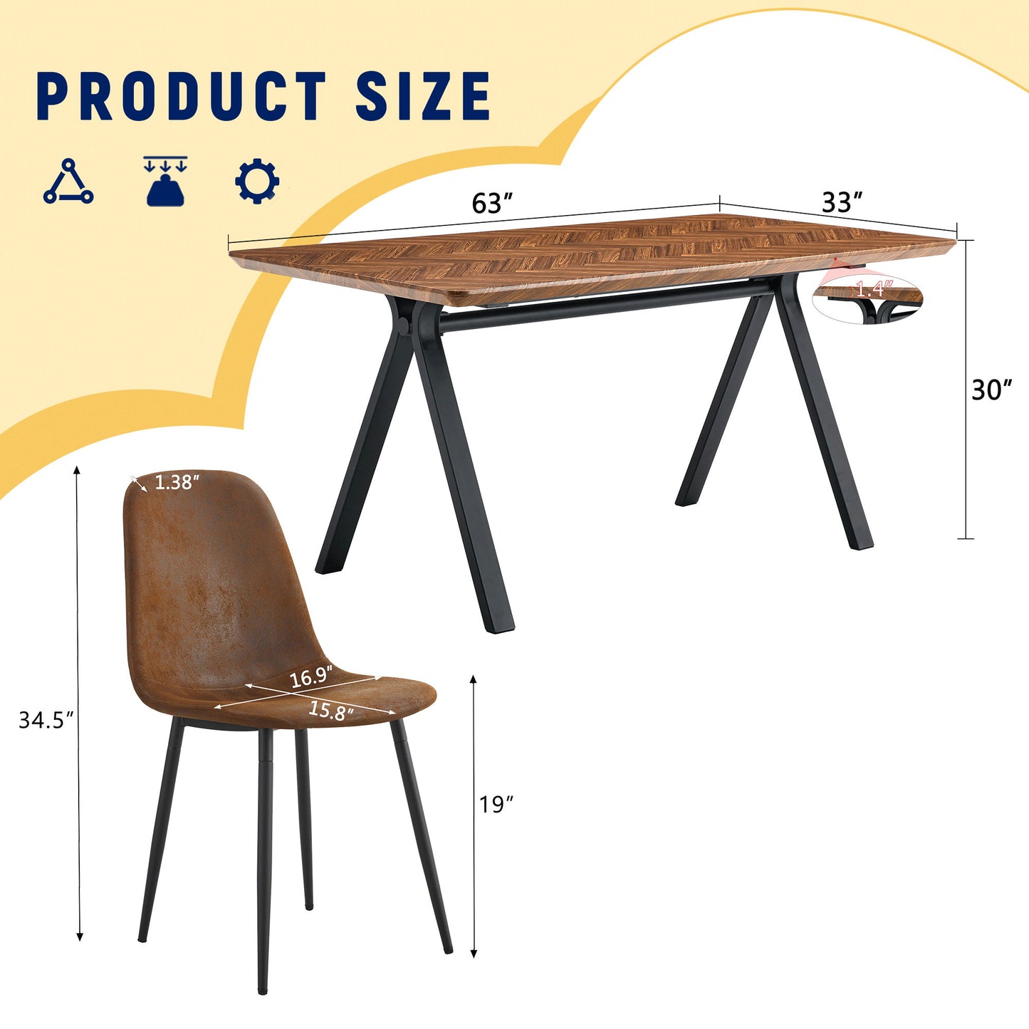 Suede Backrest Chairs With Metal Legs & Herringbone Dining Table Set Home Essentials