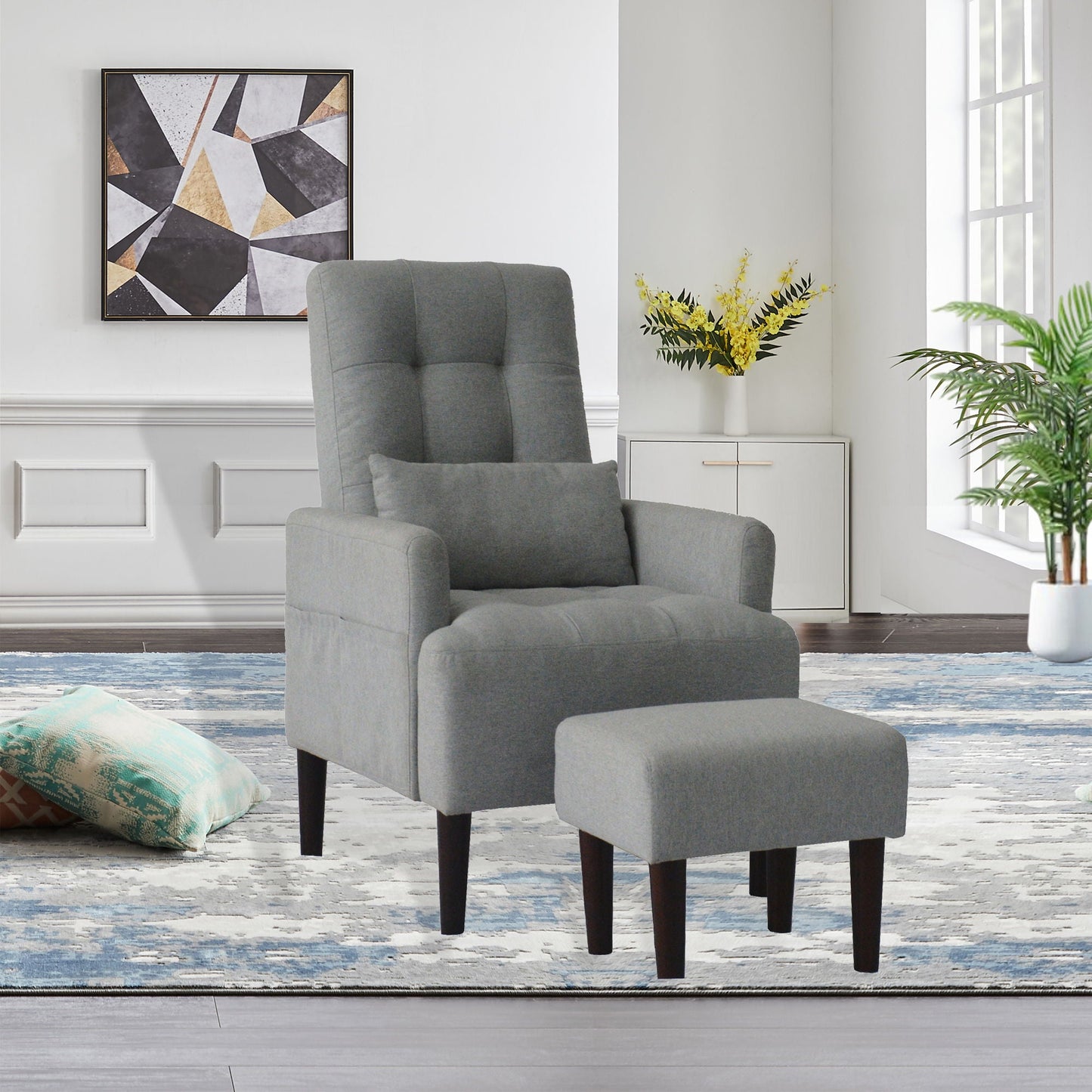 Living Room Sofa Single Chair And Ottoman, Modern Multi-Function Fabric Living Room Sofa Lounge Chair Bed And Stool. Soft Leisure Single Chair Adjustable Into 5 Angles With Sofa Bed Home Essentials