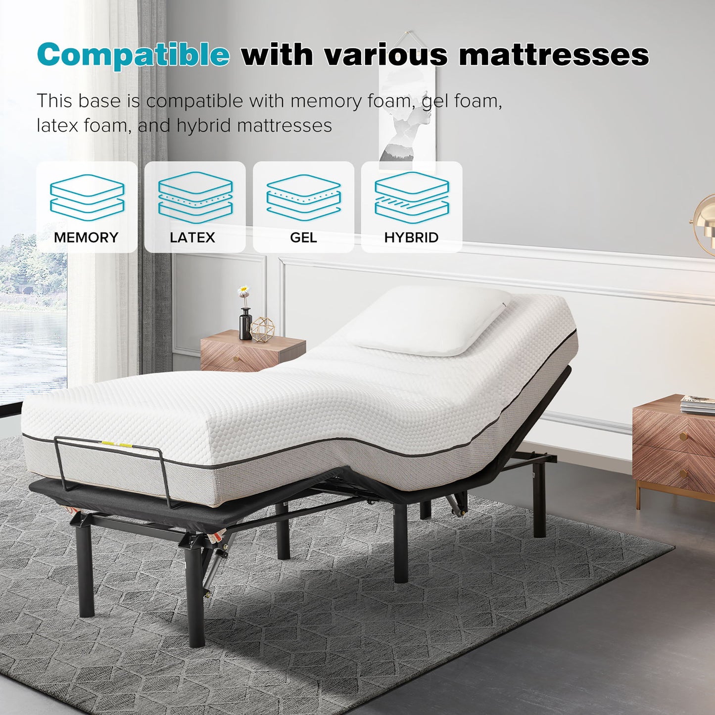 Adjustable Metal Bed Base With Head And Foot Incline, Anti Snore Feature, Wireless Control, Twin Long - Antique Black Home Essentials