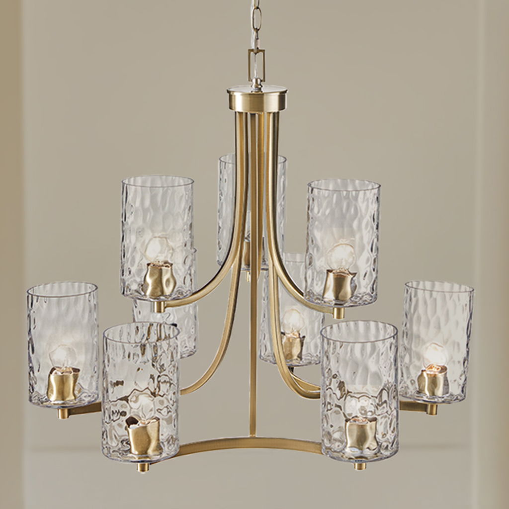Opulentia - 9-Light Round Tiered Chandelier With Textured Glass Shades - Antique Brass Hampton Hill
