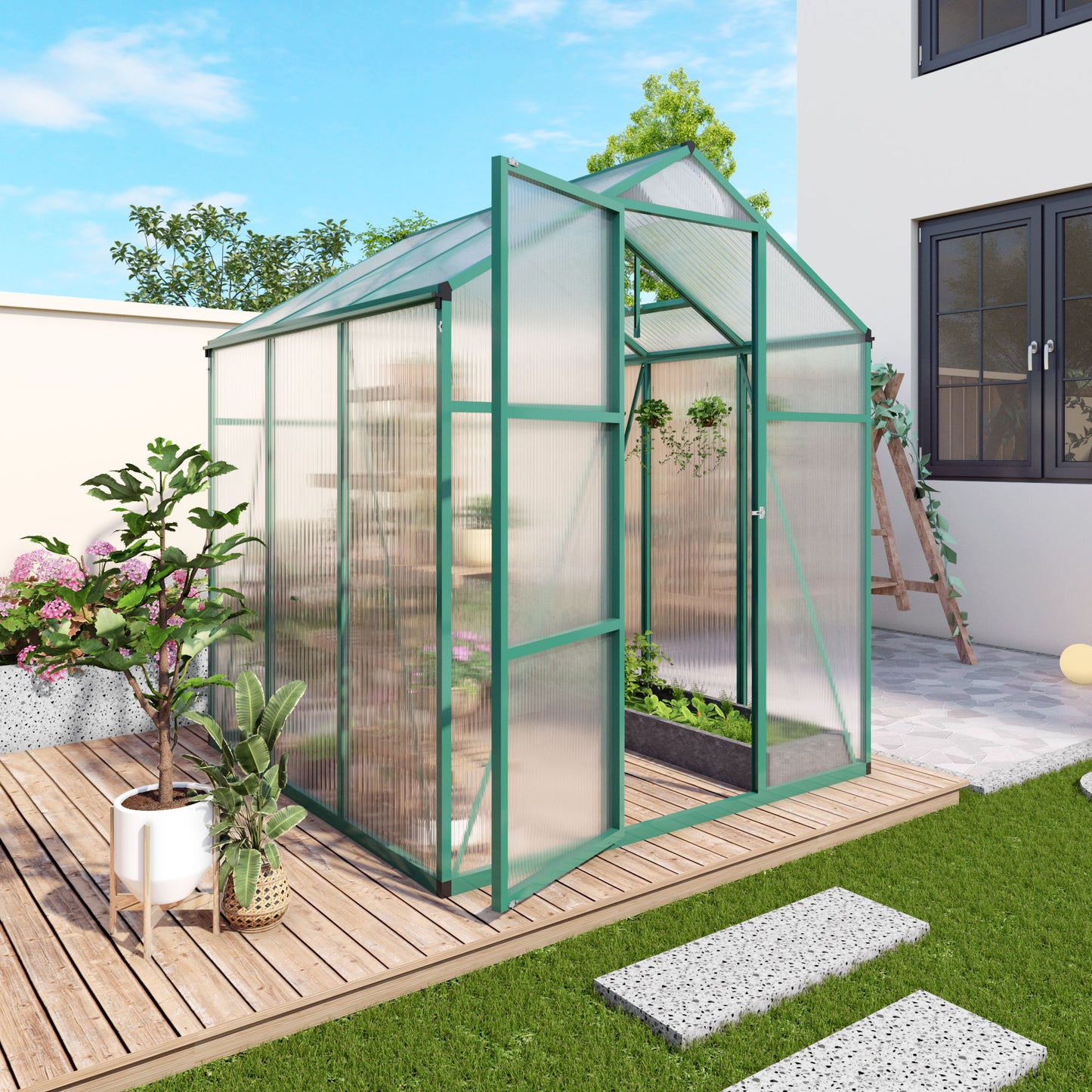 Polycarbonate Walk-In Greenhouse, Raised Base For Outdoor In All Season Daily Nest