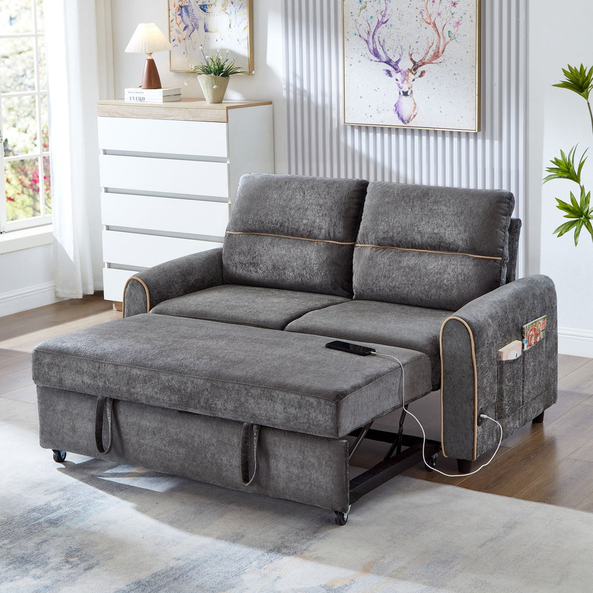 Pull Out Sofa Bed With Adjustable 3 Position Backrest, USB Charging Ports, Side Pockets Hearth and Haven