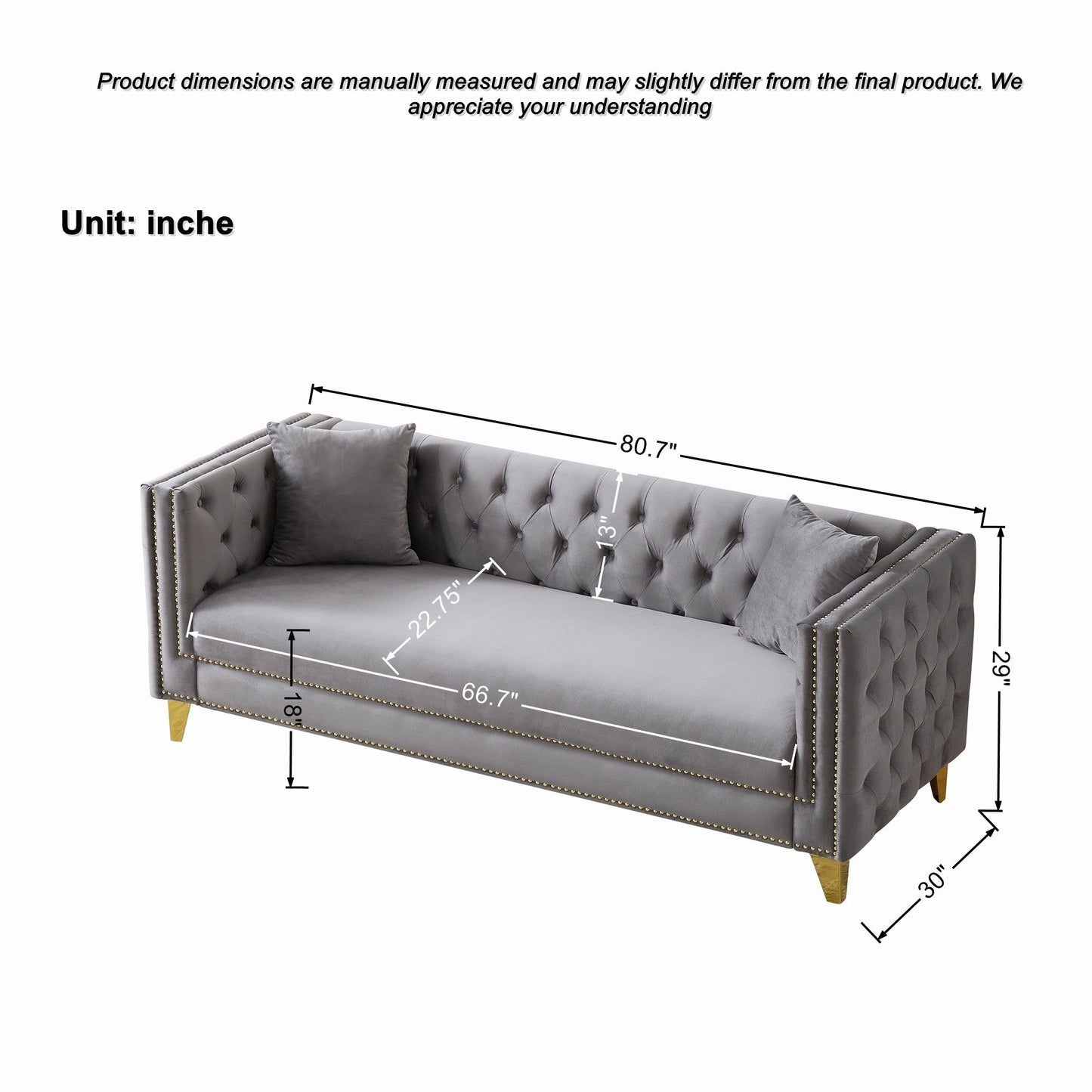 3 Seater Deep Seat Sofa, Sofa With Button Nailhead, Square Arm Home Essentials
