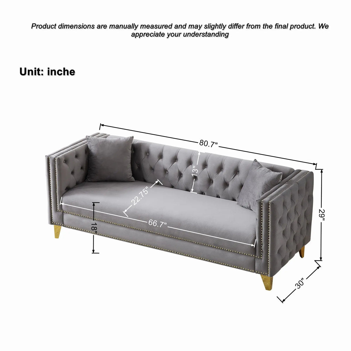 3 Seater Deep Seat Sofa, Sofa With Button Nailhead, Square Arm Home Essentials