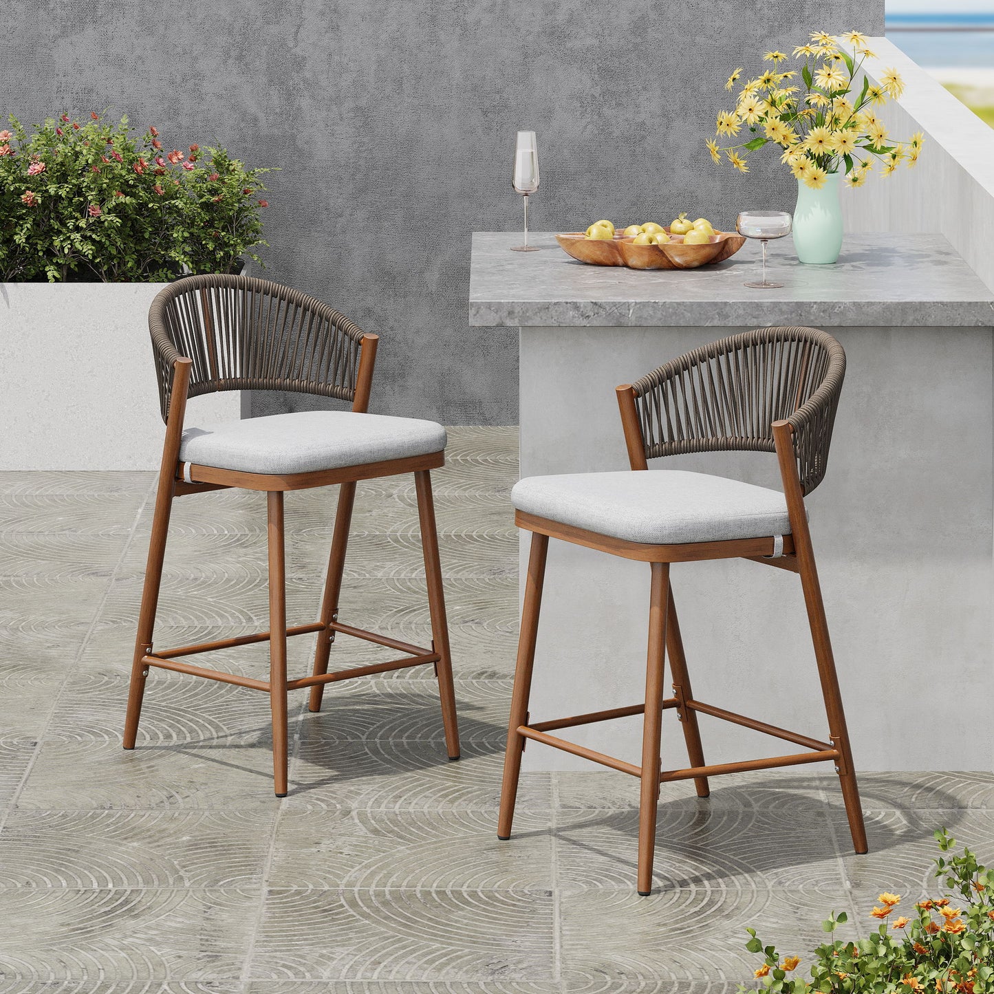Outdoor 26" Counter Height Metal Frame Counter Stools With Scallop Shaped Backrest & Water Resistant Cushions Noble House