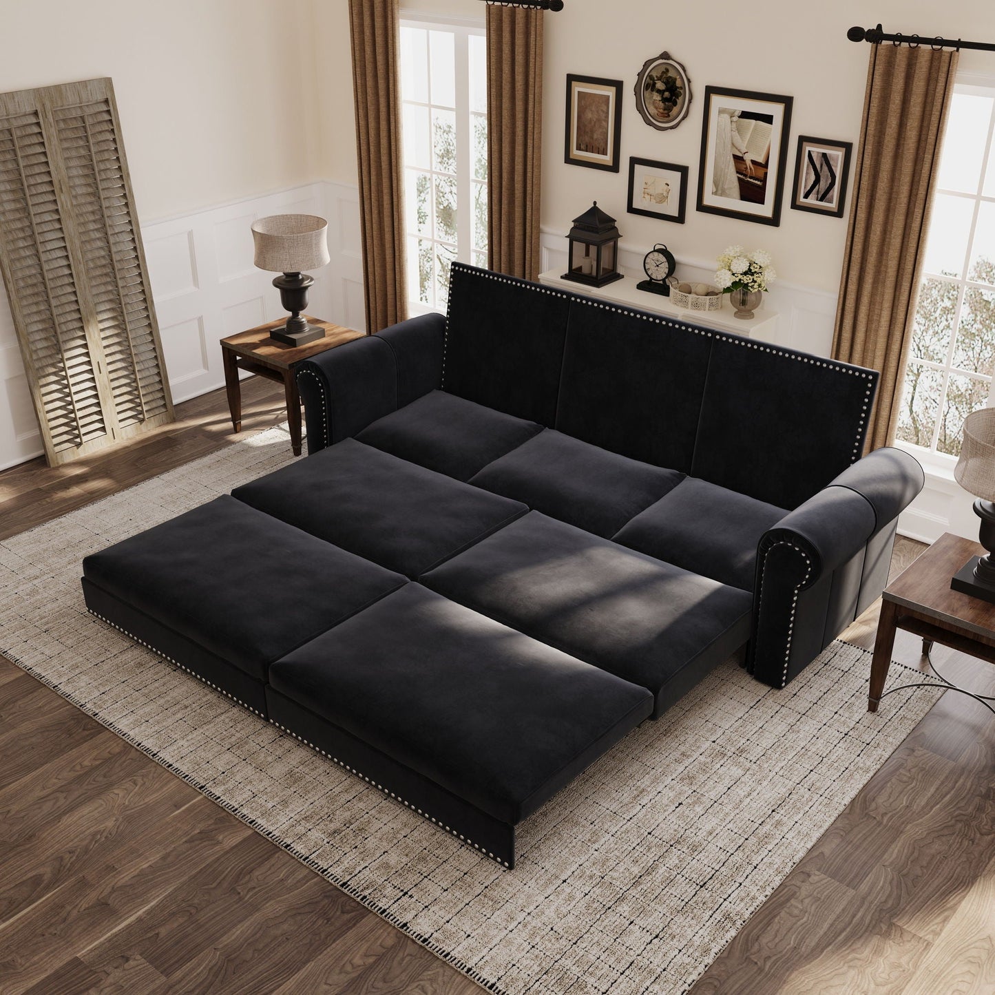 3 In 1 Convertible Sleeper Sofa With Nailhead Trim & Rolled Arm Home Essentials