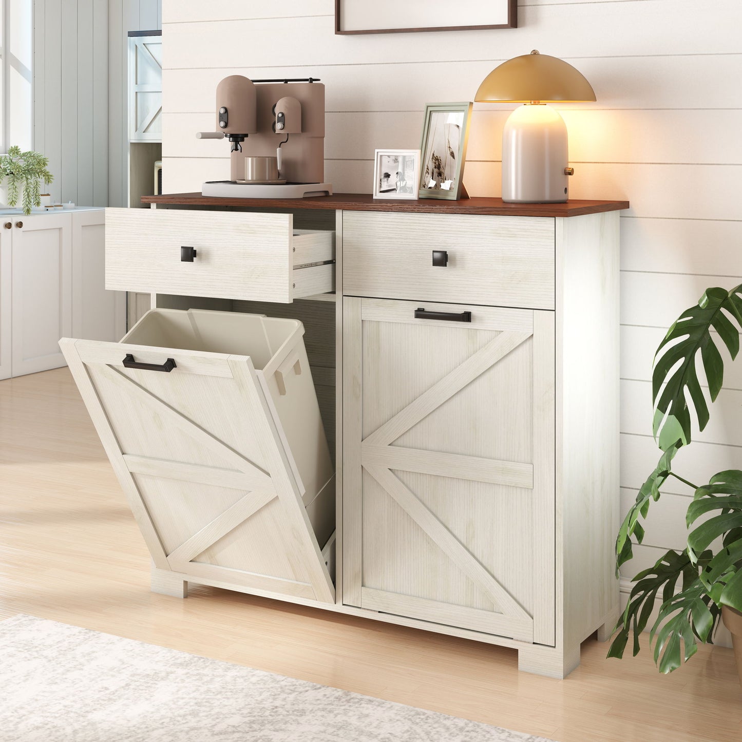 Double Tilt Out Trash Cabinet With Hideaway Drawer And Barn Door Style Home Essentials