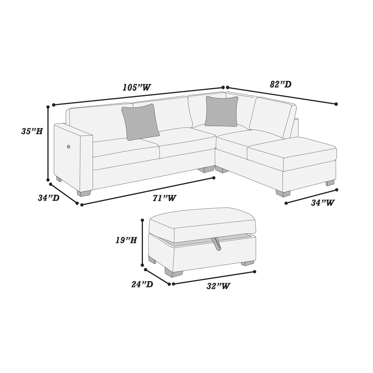 3 Piece Sectional Sofa With Reversible Chaise And USB Storage Ottoman Home Essentials