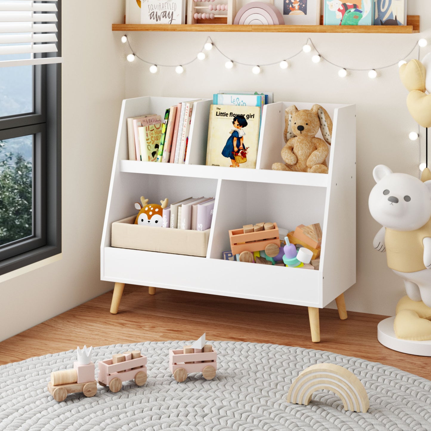 Kids Bookshelf And Toy Organizer, 5 Cubbies Wooden Open Bookcase, 2-Tier Baby Storage Display Organizer With Legs, Free Standing For Playing Room, Bedroom, Nursery, Classroom - White Home Essentials