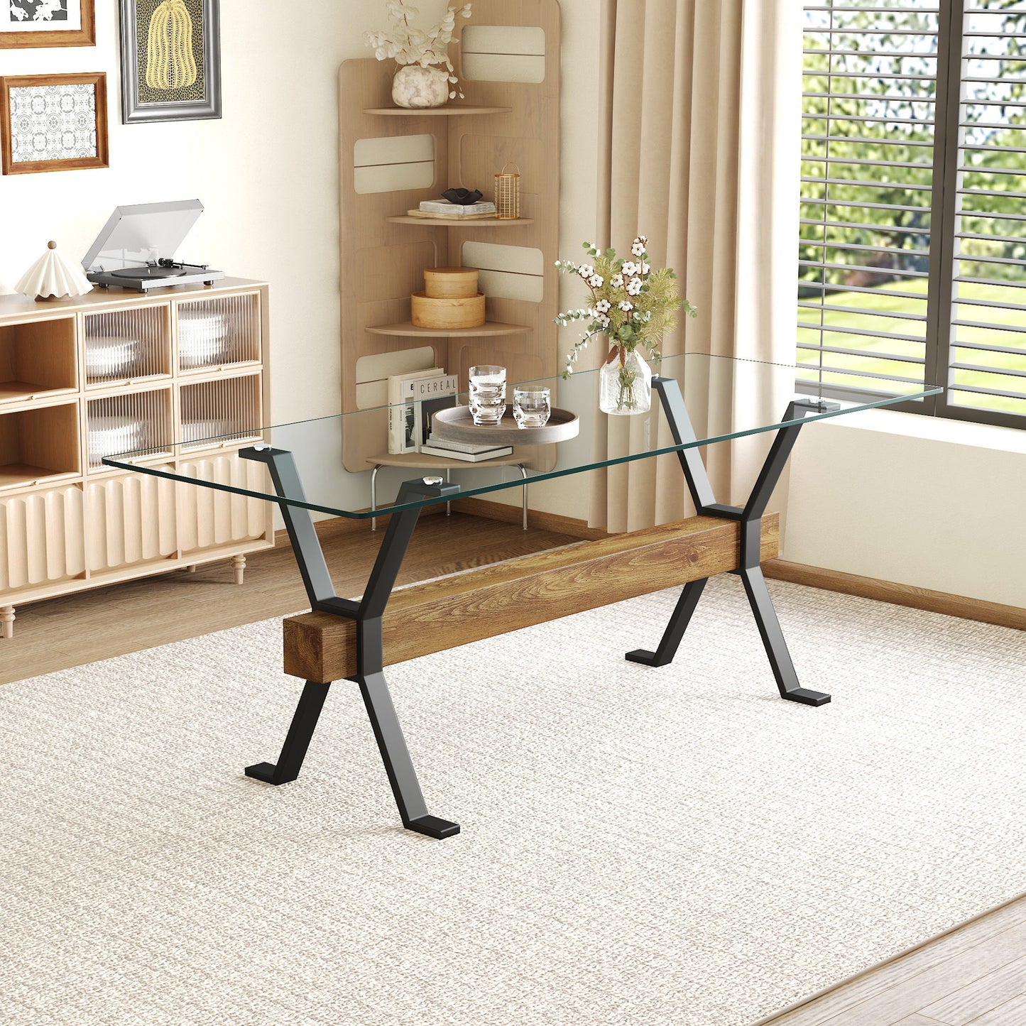 Elegant Tempered Glass Dining Table With X Shaped Metal Legs And Wood Grain Crossbeam - Black / Transparent Home Essentials