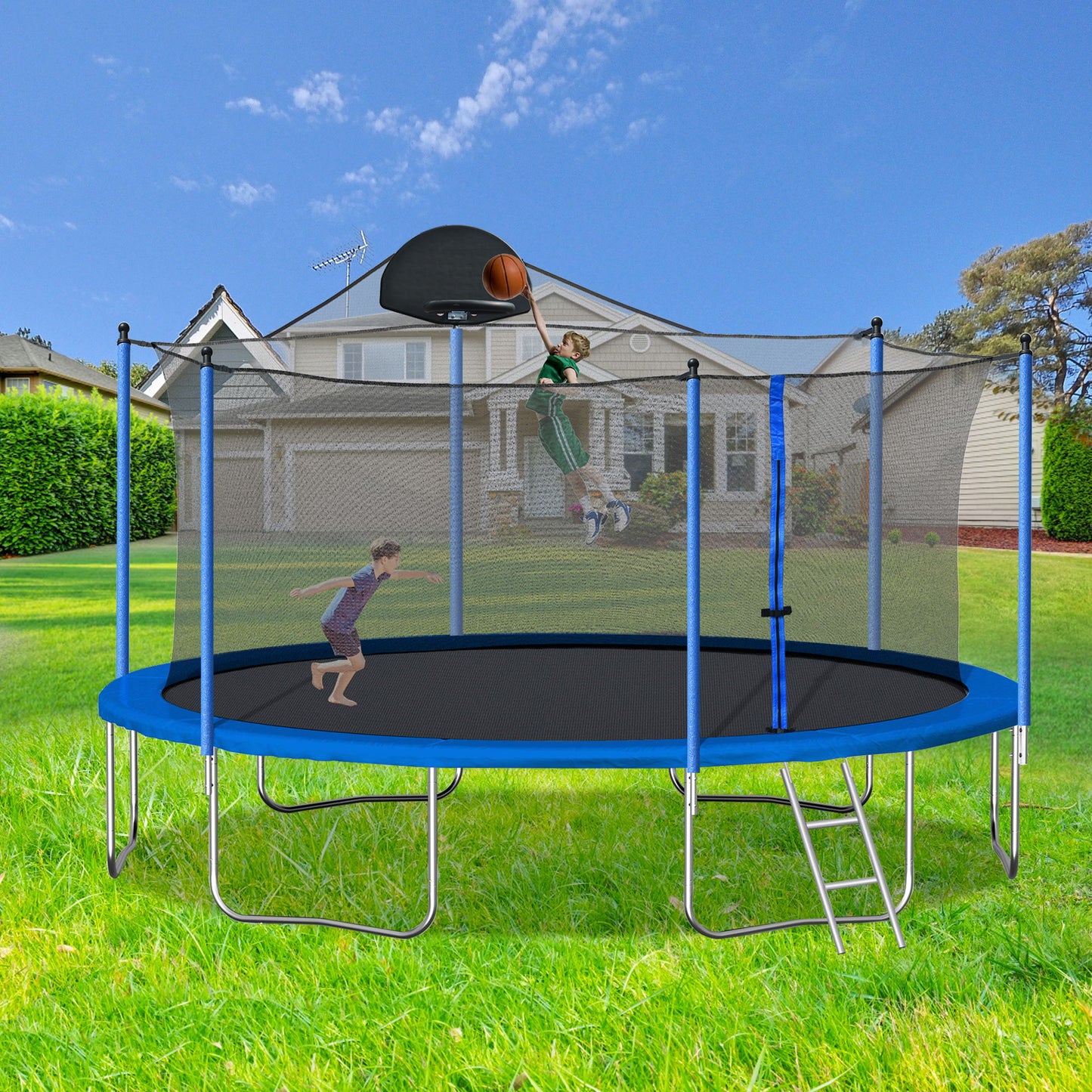 14Ft Trampoline For Adults & Kids With Basketball Hoop, Outdoor Trampolines With Ladder And Safety Enclosure Net For Kids And Adults, Double-Side Color Cover - Blue Daily Nest